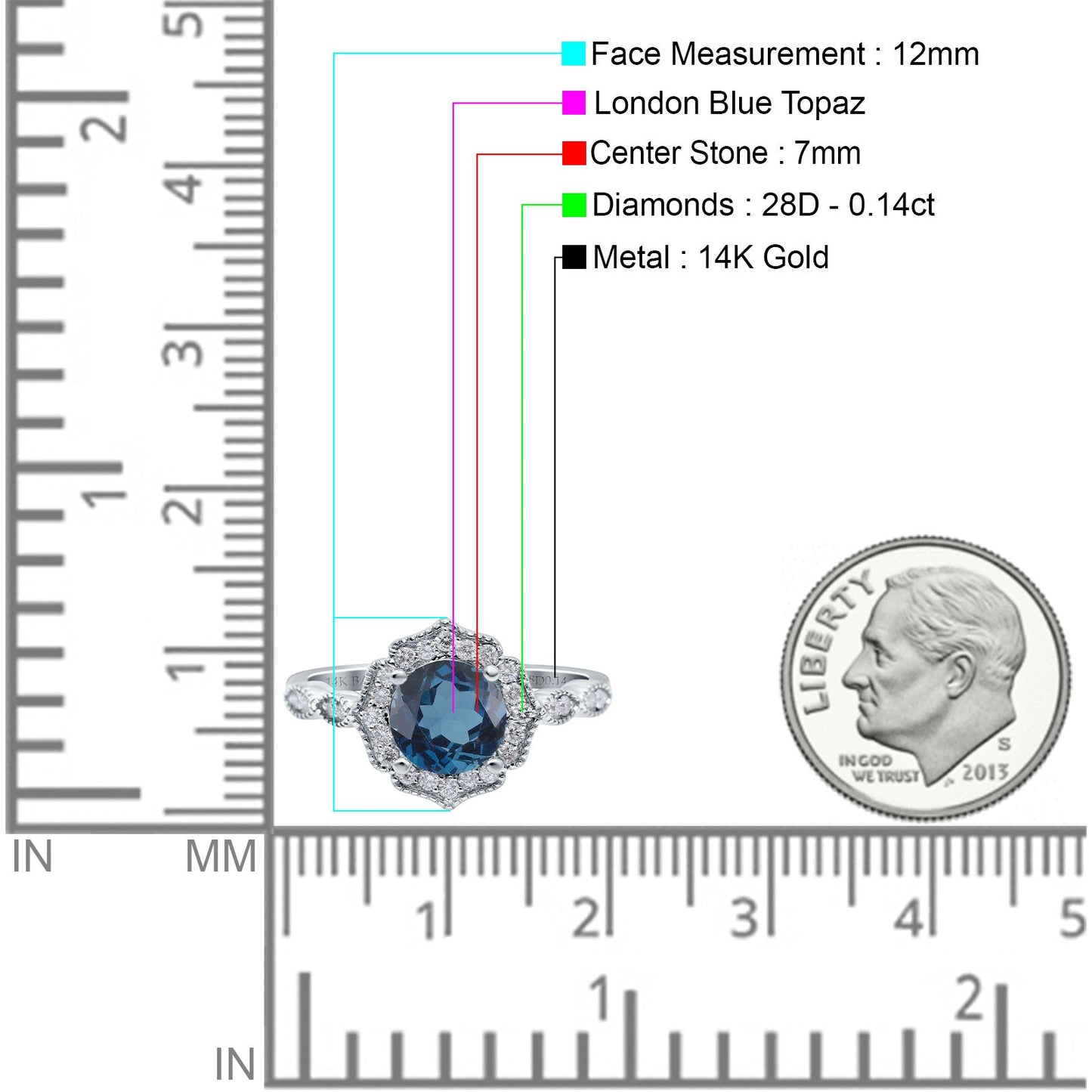 14K White Gold 1.42ct Art Deco Round 7mm G SI London Blue Topaz Diamond Engagement Wedding Ring Size 6.5