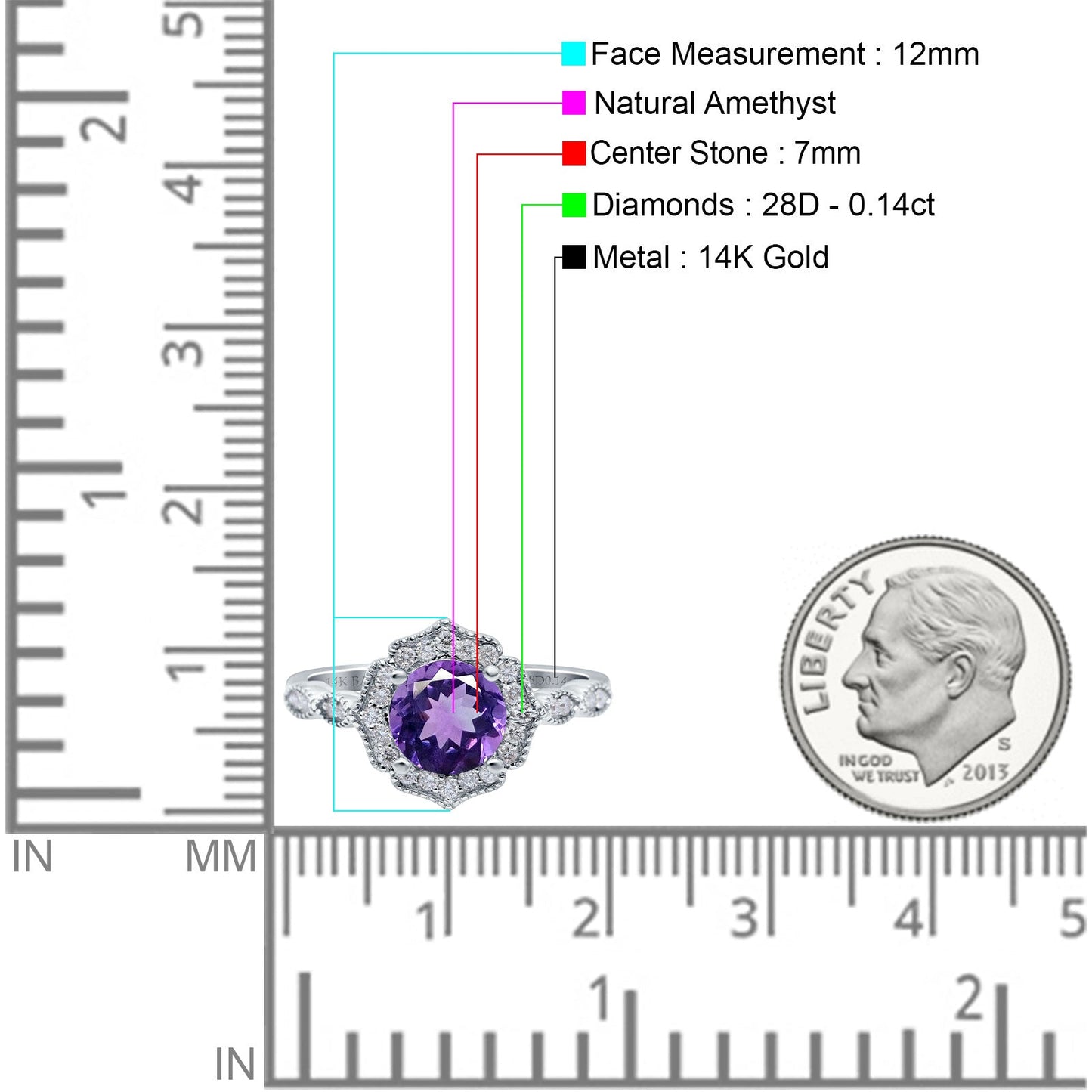 14K White Gold 1.42ct Art Deco Round 7mm G SI Natural Amethyst Diamond Engagement Wedding Ring Size 6.5