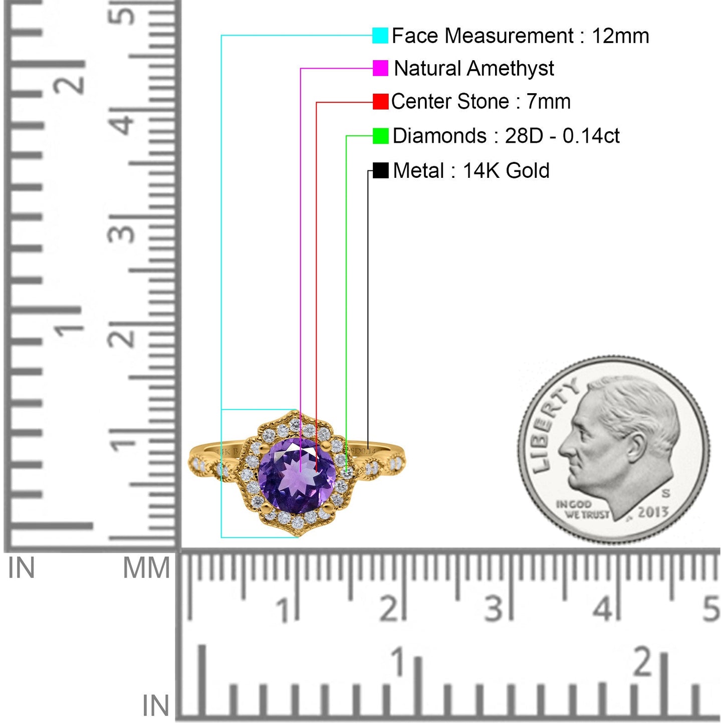 14K Yellow Gold 1.42ct Art Deco Round 7mm G SI Natural Amethyst Diamond Engagement Wedding Ring Size 6.5