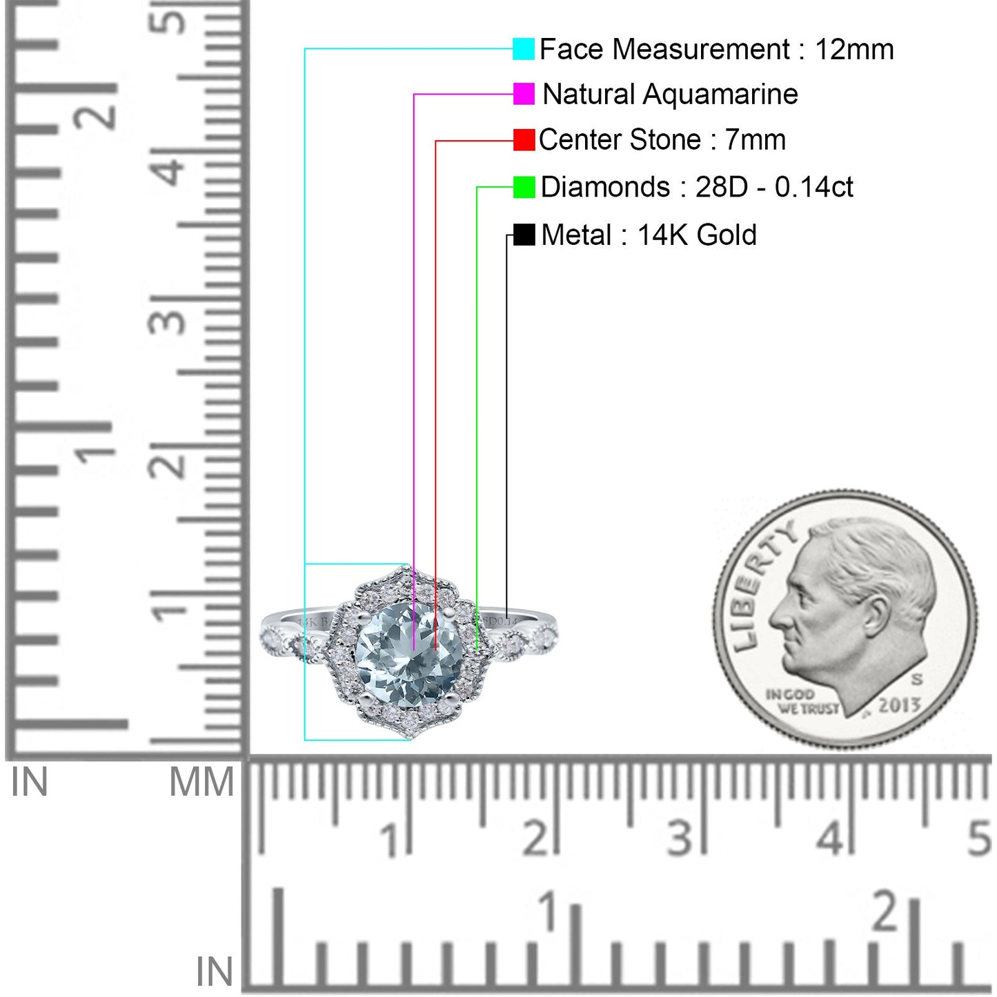 14K White Gold 1.42ct Art Deco Round 7mm G SI Natural Aquamarine Diamond Engagement Wedding Ring Size 6.5