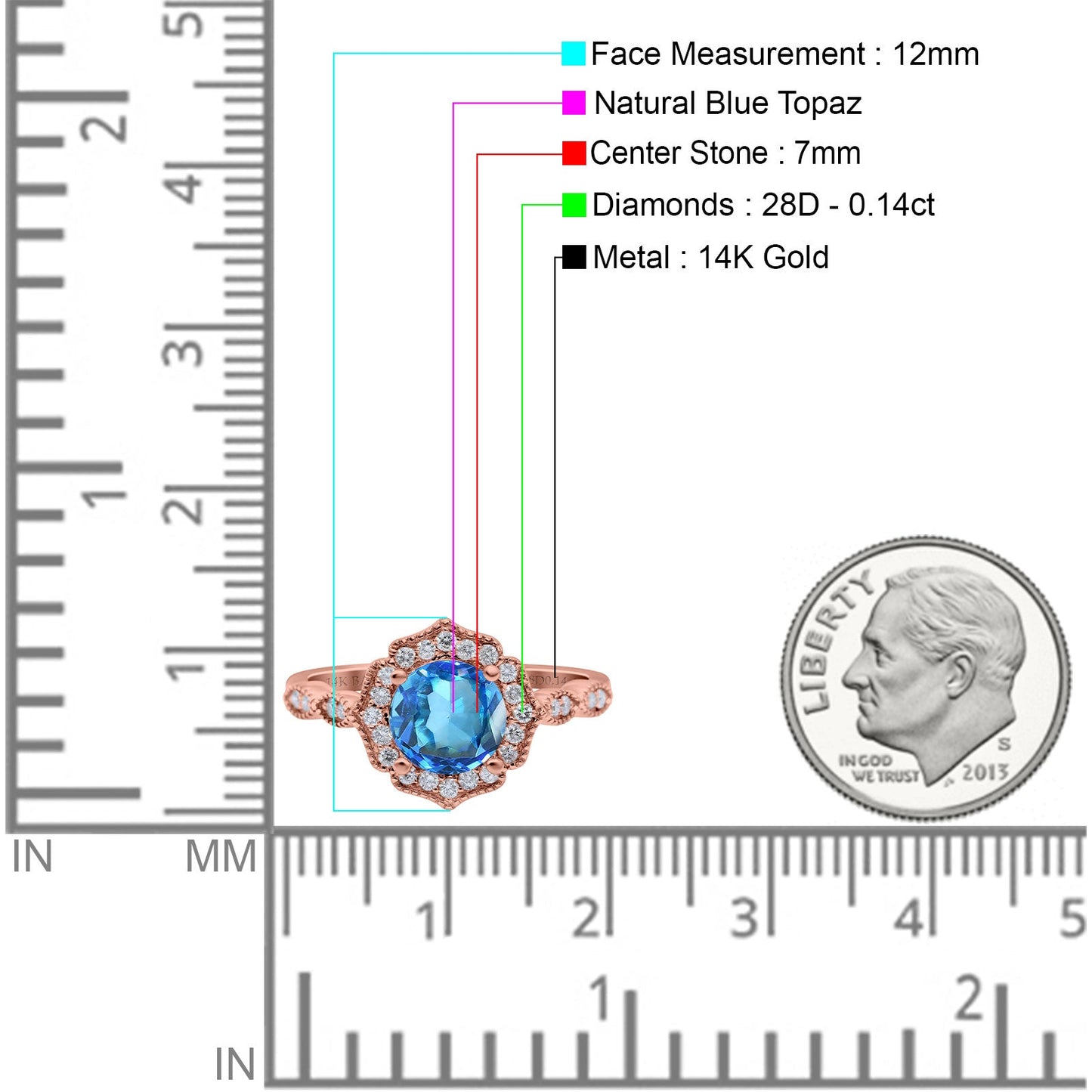 14K Rose Gold 1.42ct Art Deco Round 7mm G SI Natural Blue Topaz Diamond Engagement Wedding Ring Size 6.5