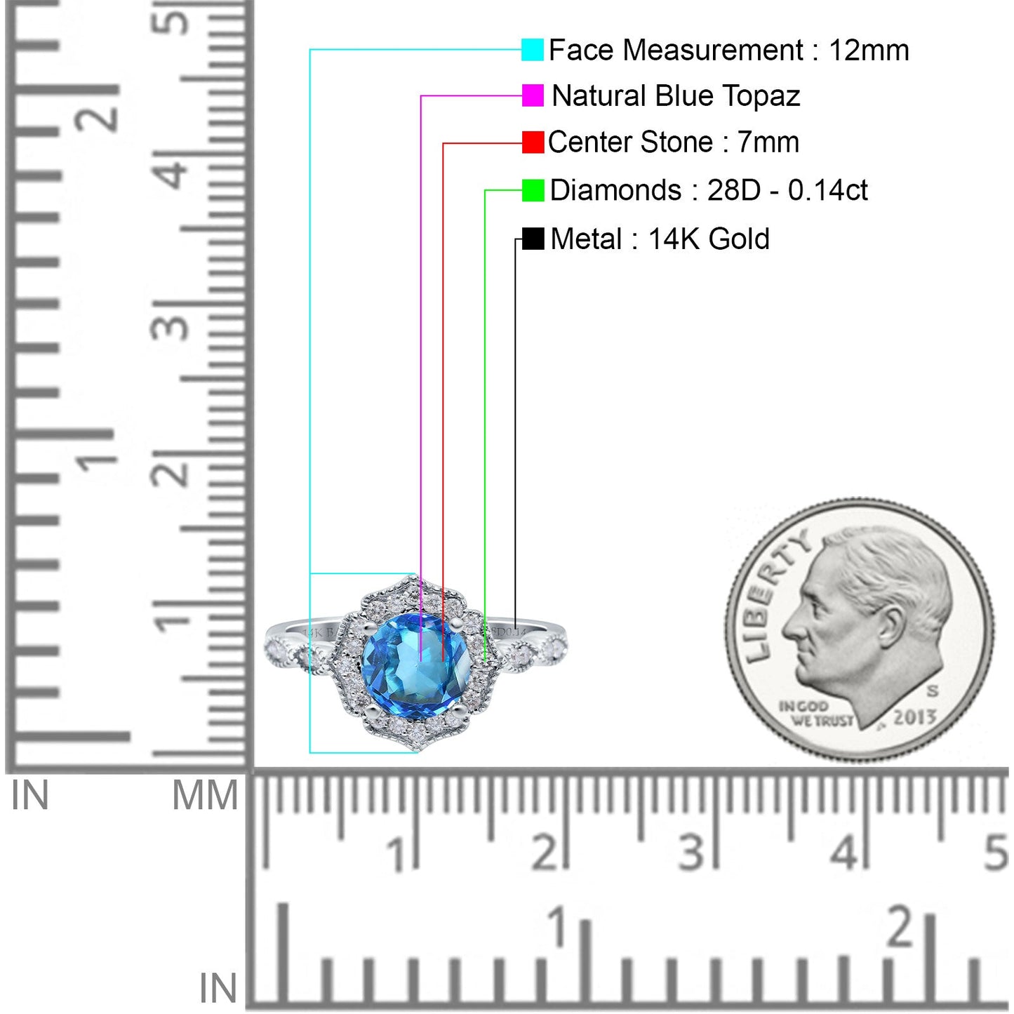 14K White Gold 1.42ct Art Deco Round 7mm G SI Natural Blue Topaz Diamond Engagement Wedding Ring Size 6.5