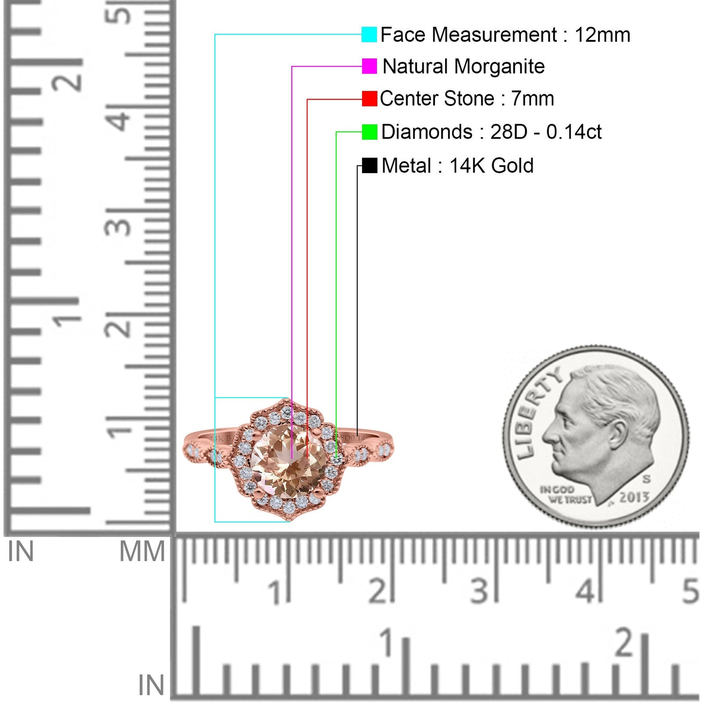 Bague de fiançailles en or rose 14 carats 1,42 ct Art déco ronde 7 mm G SI avec diamant morganite naturel taille 6,5