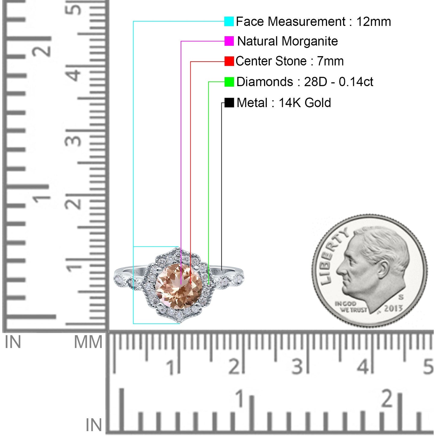 14K White Gold 1.42ct Art Deco Round 7mm G SI Natural Morganite Diamond Engagement Wedding Ring Size 6.5