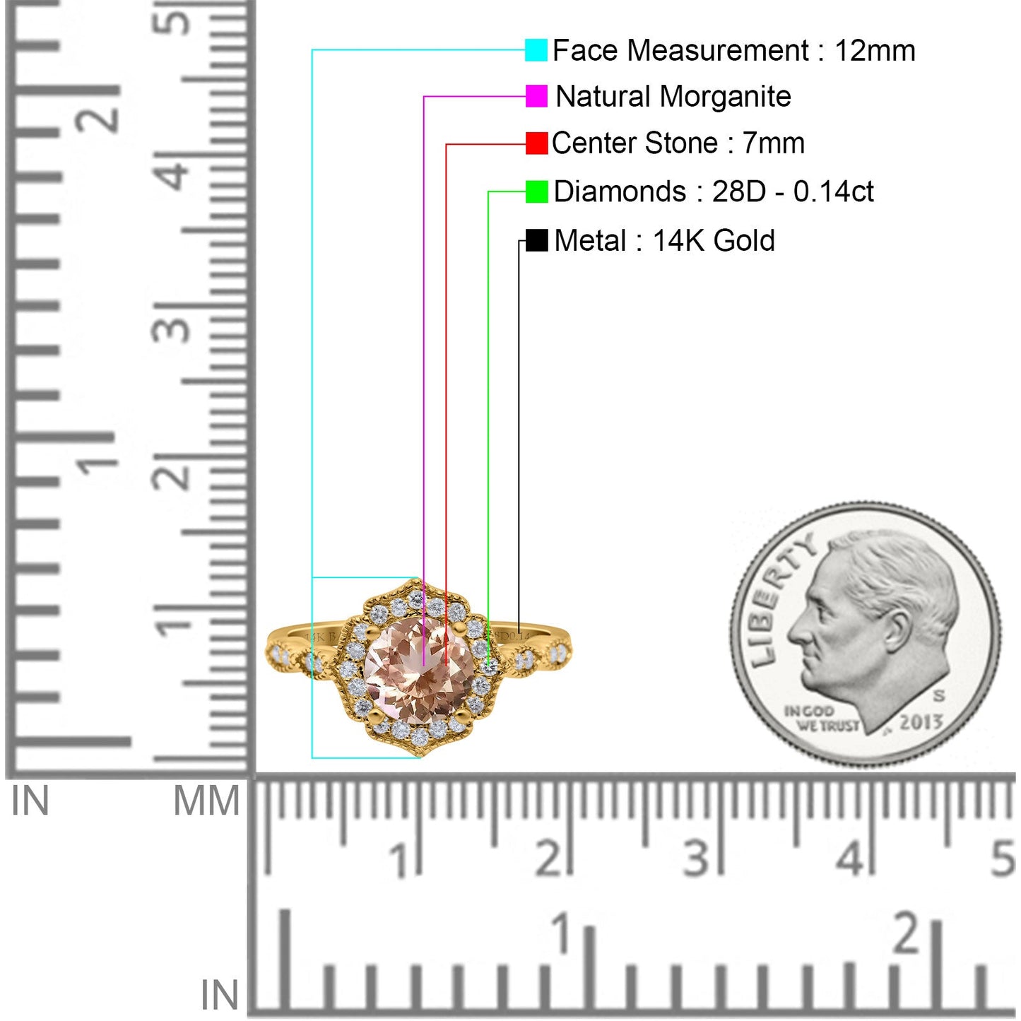 14K Yellow Gold 1.42ct Art Deco Round 7mm G SI Natural Morganite Diamond Engagement Wedding Ring Size 6.5