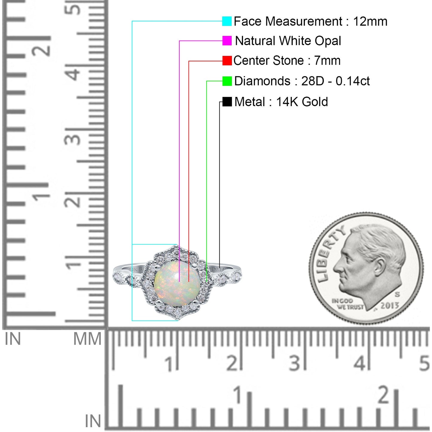 14K White Gold 0.14ct Art Deco Round 7mm G SI Natural White Opal Diamond Engagement Wedding Ring Size 6.5