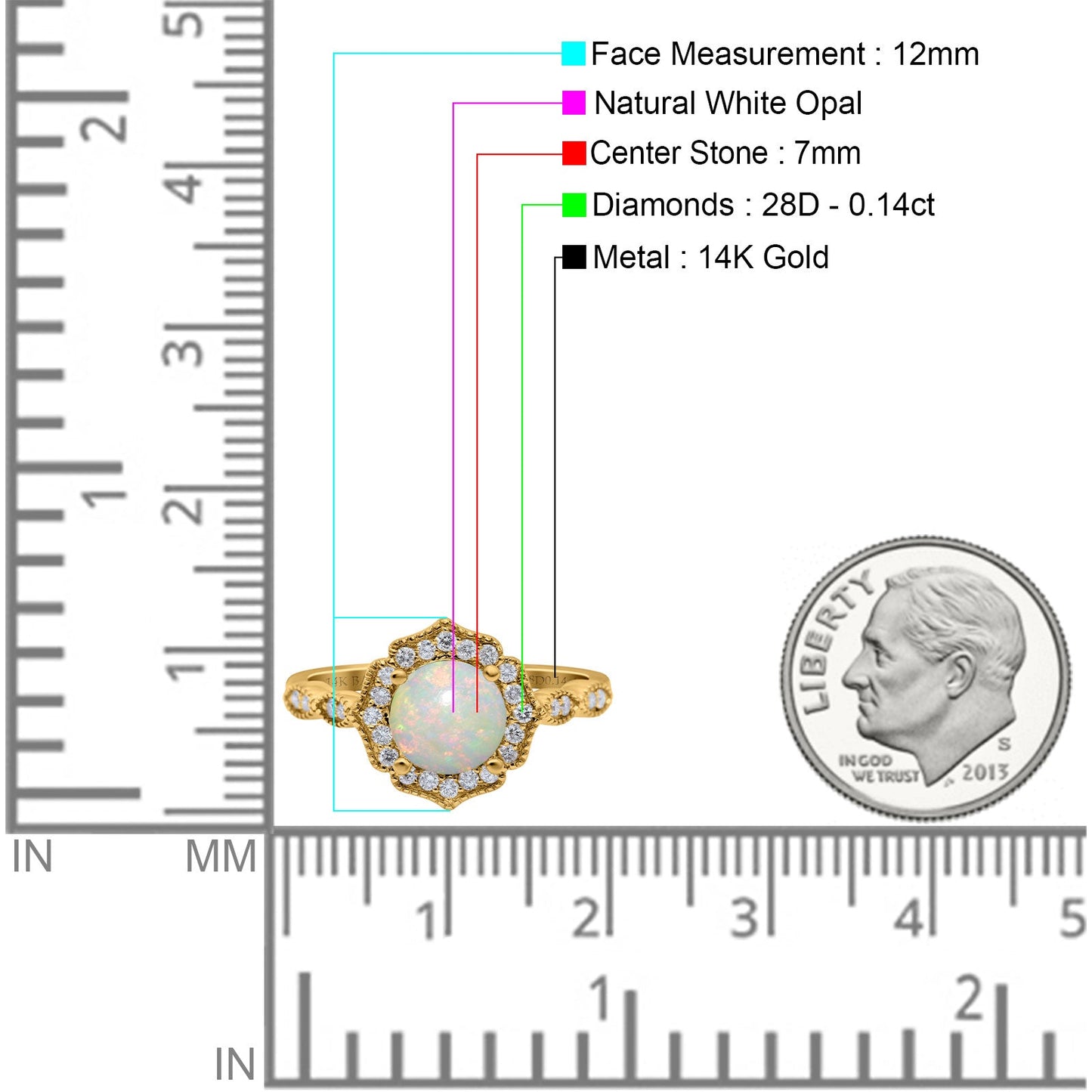 14K Yellow Gold 0.14ct Art Deco Round 7mm G SI Natural White Opal Diamond Engagement Wedding Ring Size 6.5