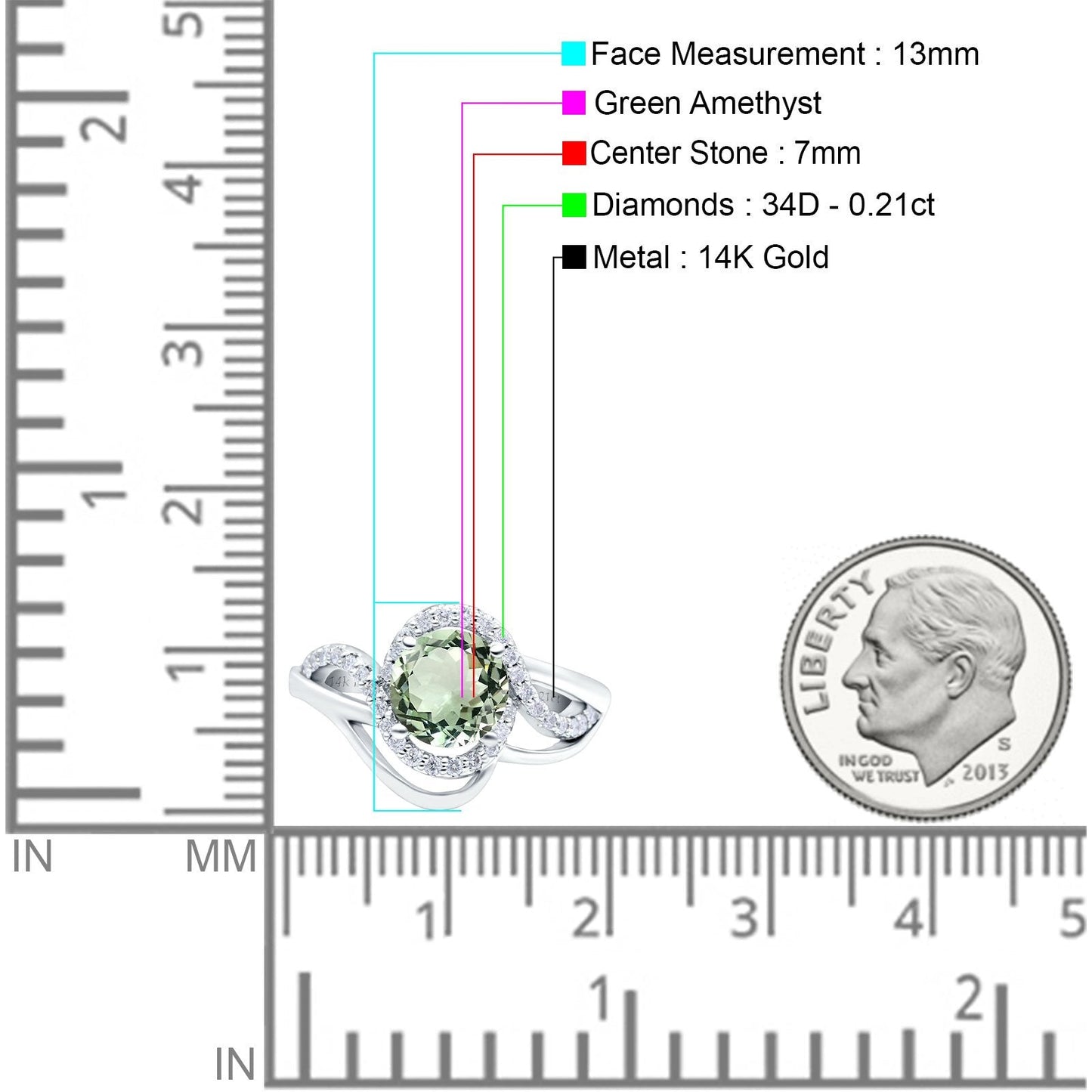 14K White Gold 1.49ct Art Deco Round 7mm G SI Natural Green Amethyst Diamond Engagement Wedding Ring Size 6.5