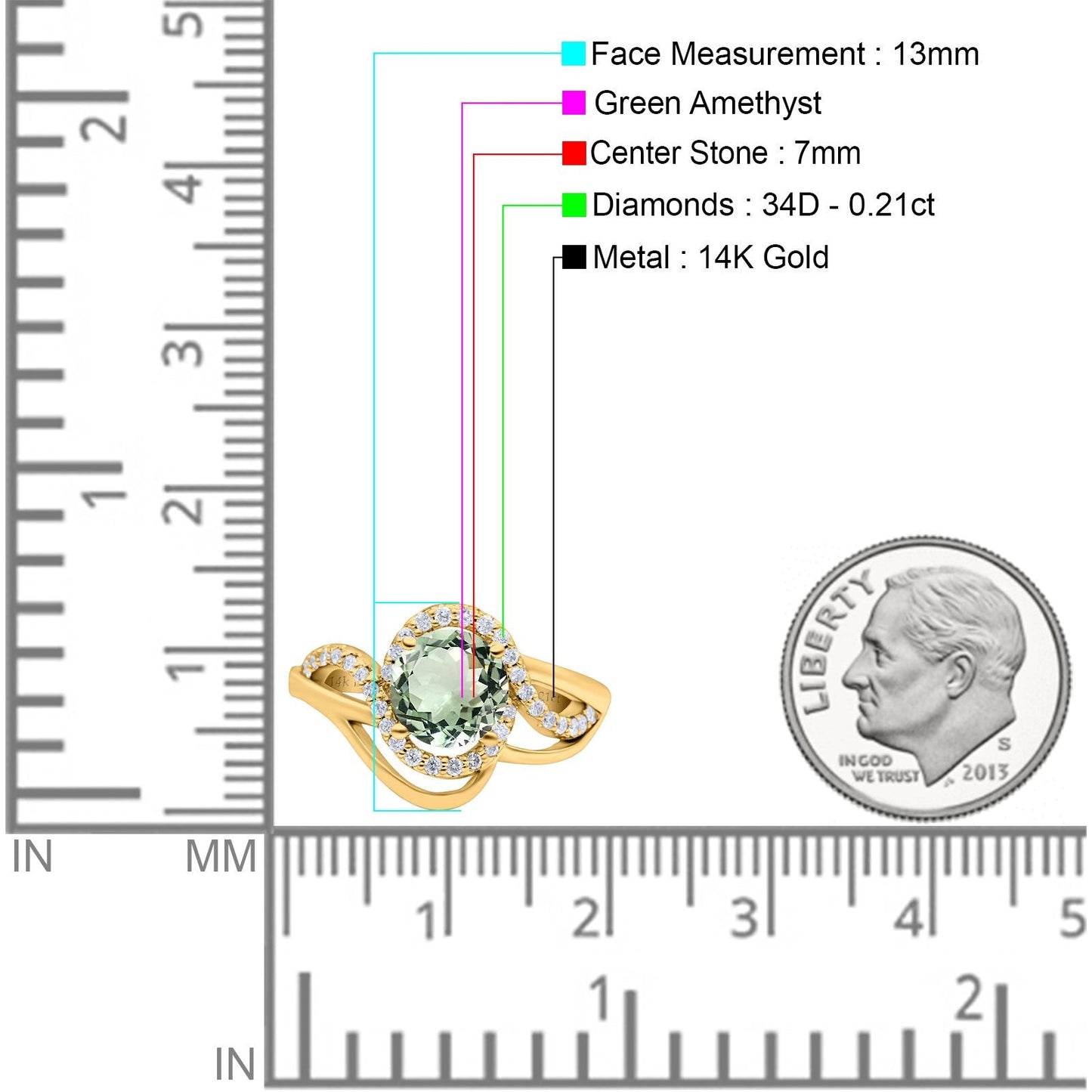 14K Yellow Gold 1.49ct Art Deco Round 7mm G SI Natural Green Amethyst Diamond Engagement Wedding Ring Size 6.5