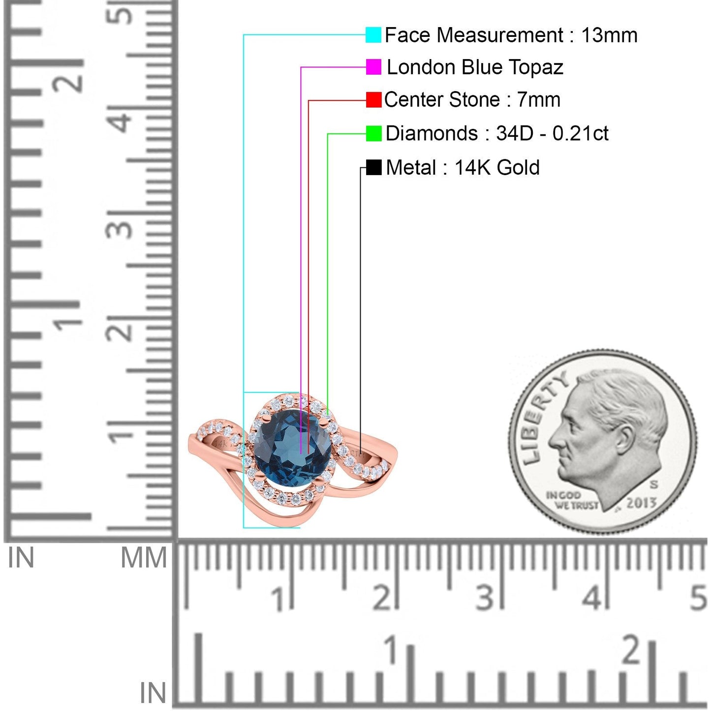 14K Rose Gold 1.49ct Art Deco Round 7mm G SI London Blue Topaz Diamond Engagement Wedding Ring Size 6.5