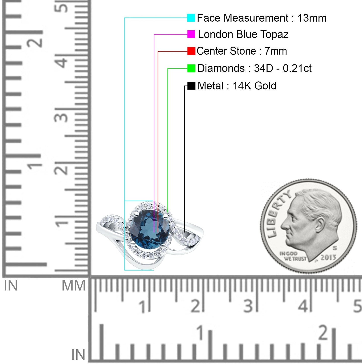 14K White Gold 1.49ct Art Deco Round 7mm G SI London Blue Topaz Diamond Engagement Wedding Ring Size 6.5