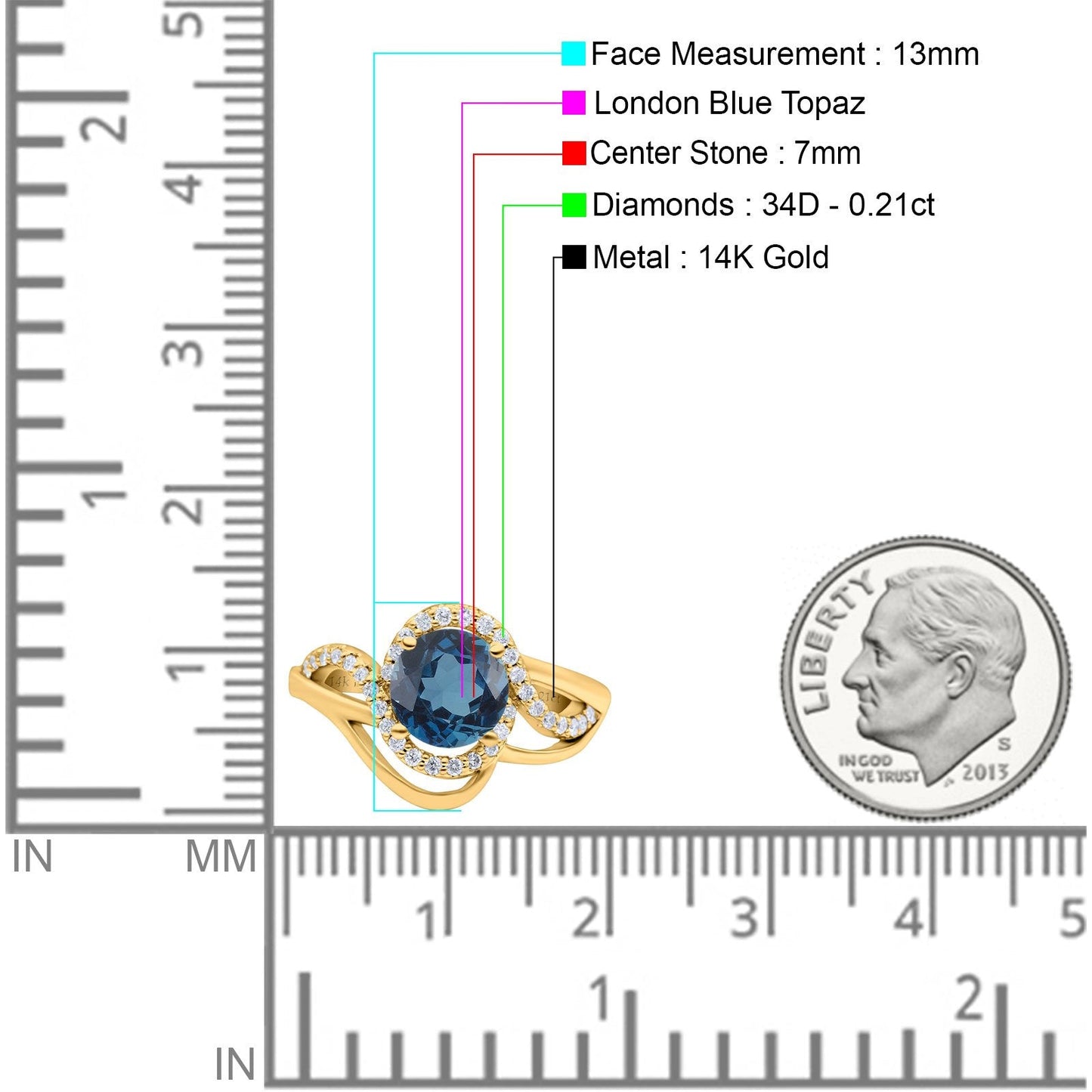 14K Yellow Gold 1.49ct Art Deco Round 7mm G SI London Blue Topaz Diamond Engagement Wedding Ring Size 6.5