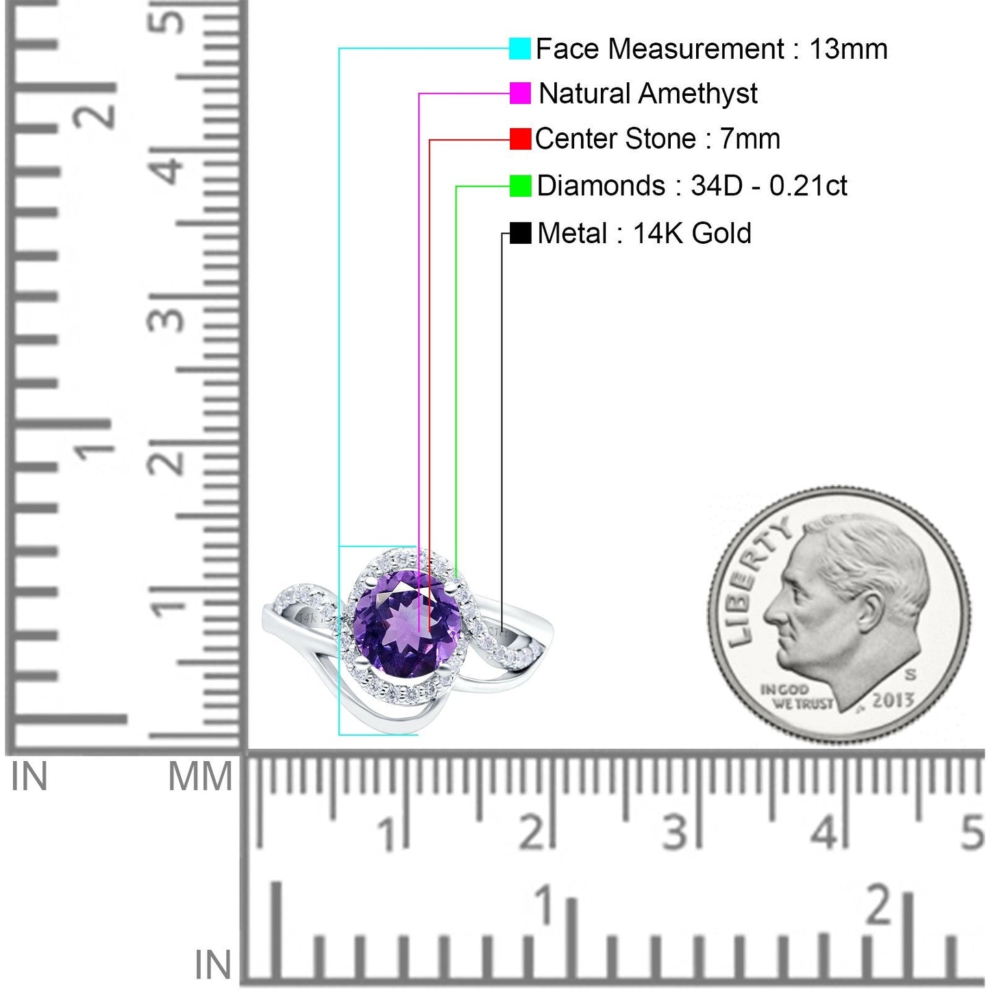 14K White Gold 1.49ct Art Deco Round 7mm G SI Natural Amethyst Diamond Engagement Wedding Ring Size 6.5