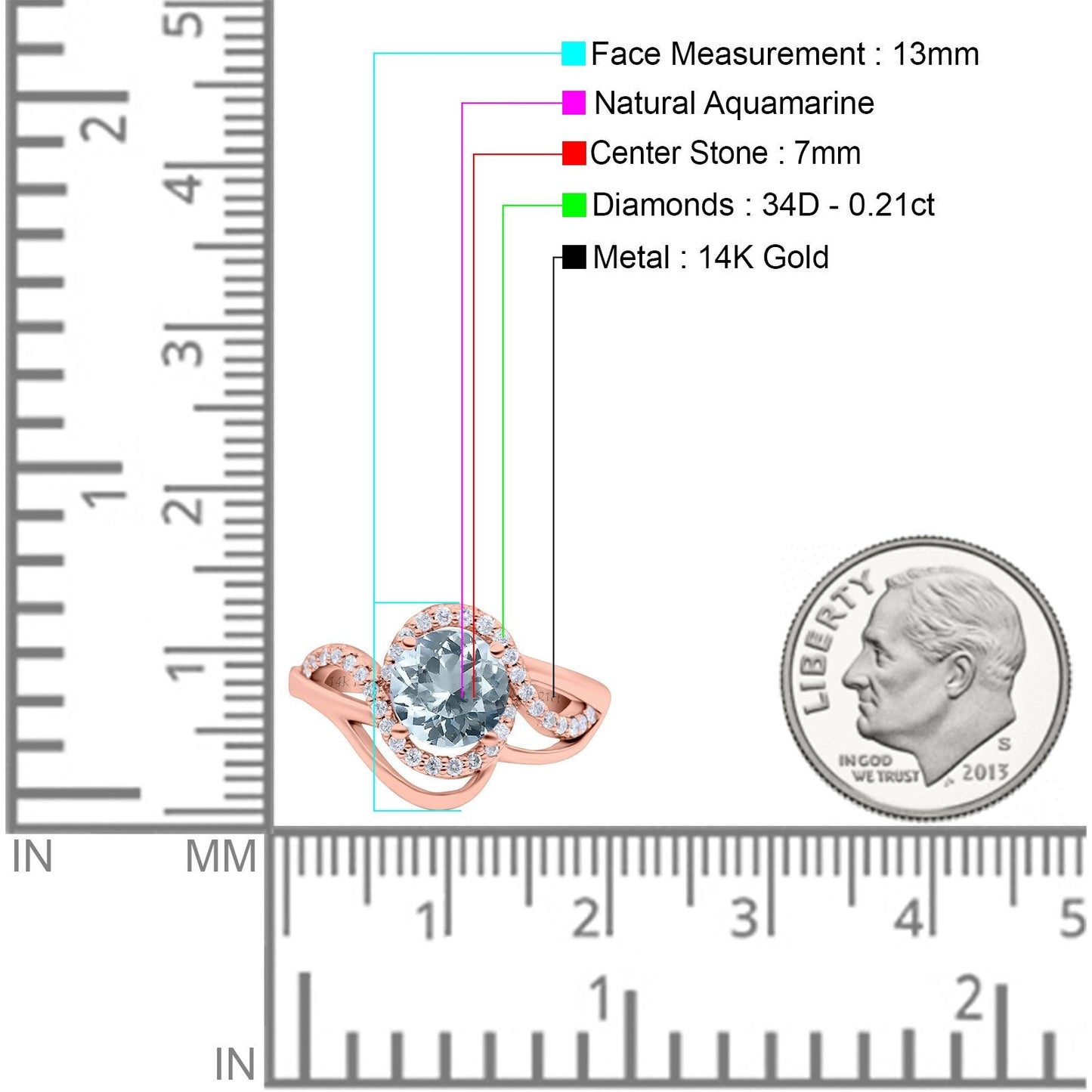 14K Rose Gold 1.49ct Art Deco Round 7mm G SI Natural Aquamarine Diamond Engagement Wedding Ring Size 6.5