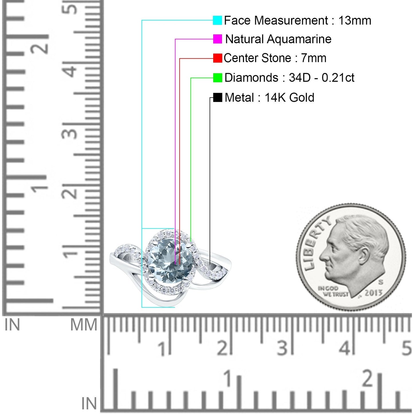 14K White Gold 1.49ct Art Deco Round 7mm G SI Natural Aquamarine Diamond Engagement Wedding Ring Size 6.5