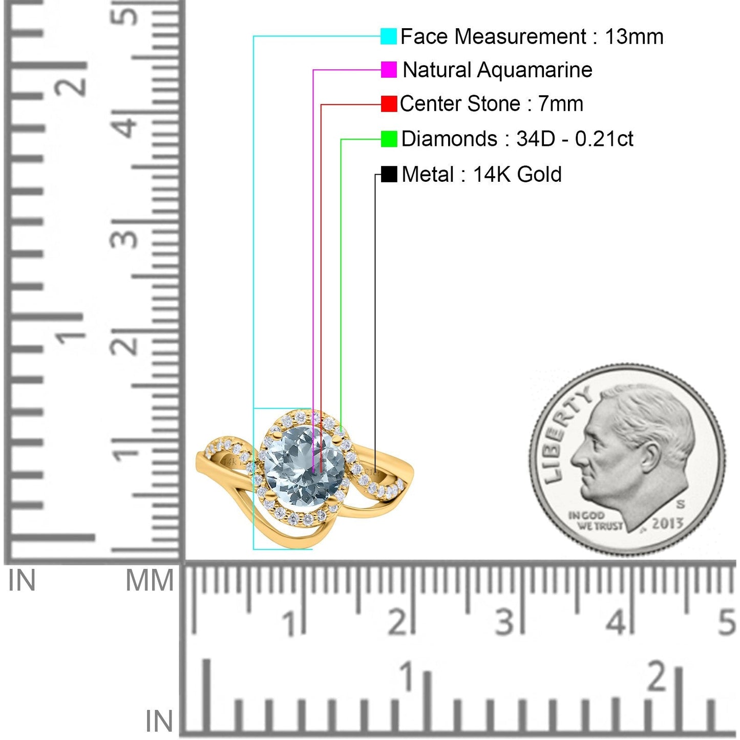 14K Yellow Gold 1.49ct Art Deco Round 7mm G SI Natural Aquamarine Diamond Engagement Wedding Ring Size 6.5