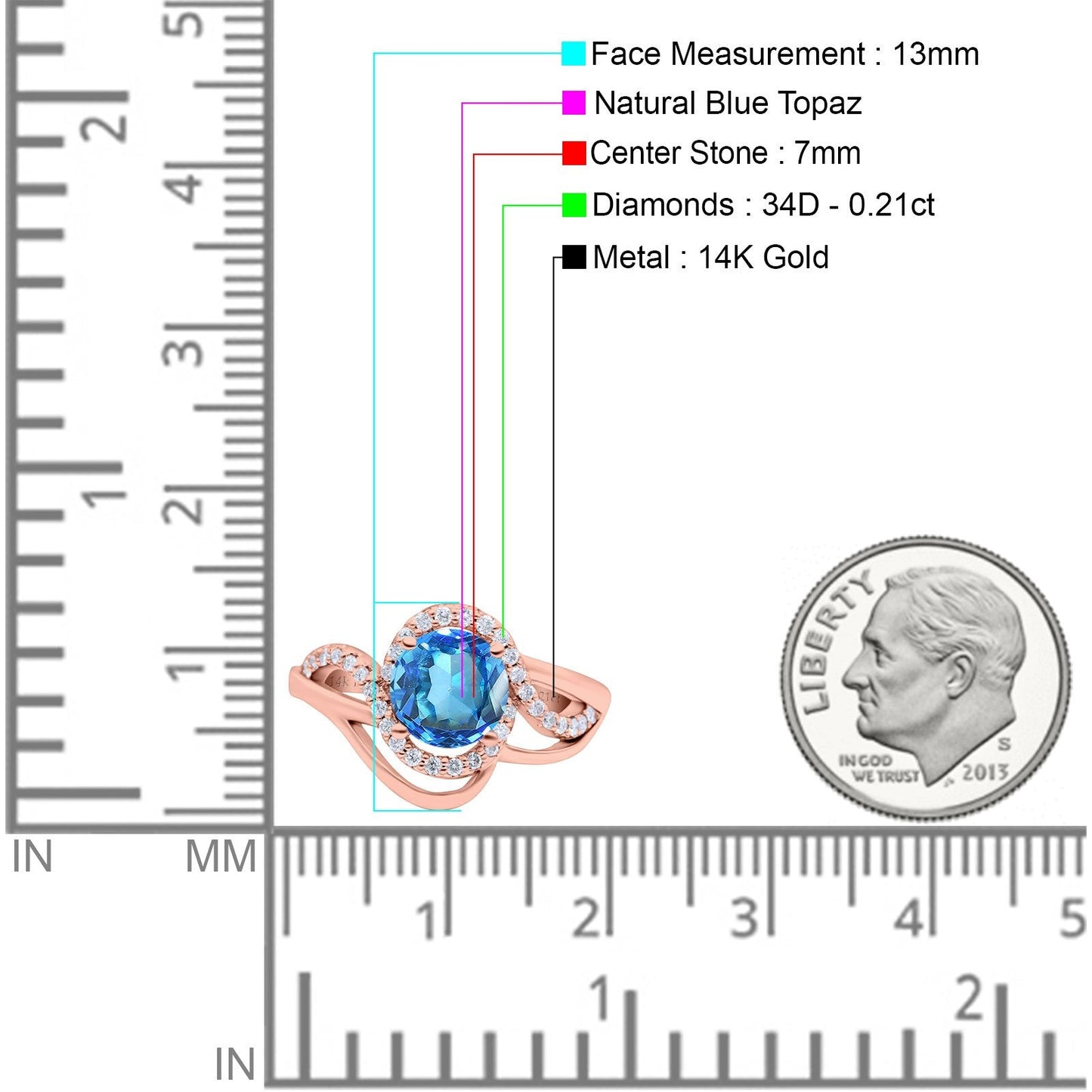 14K Rose Gold 1.49ct Art Deco Round 7mm G SI Natural Blue Topaz Diamond Engagement Wedding Ring Size 6.5