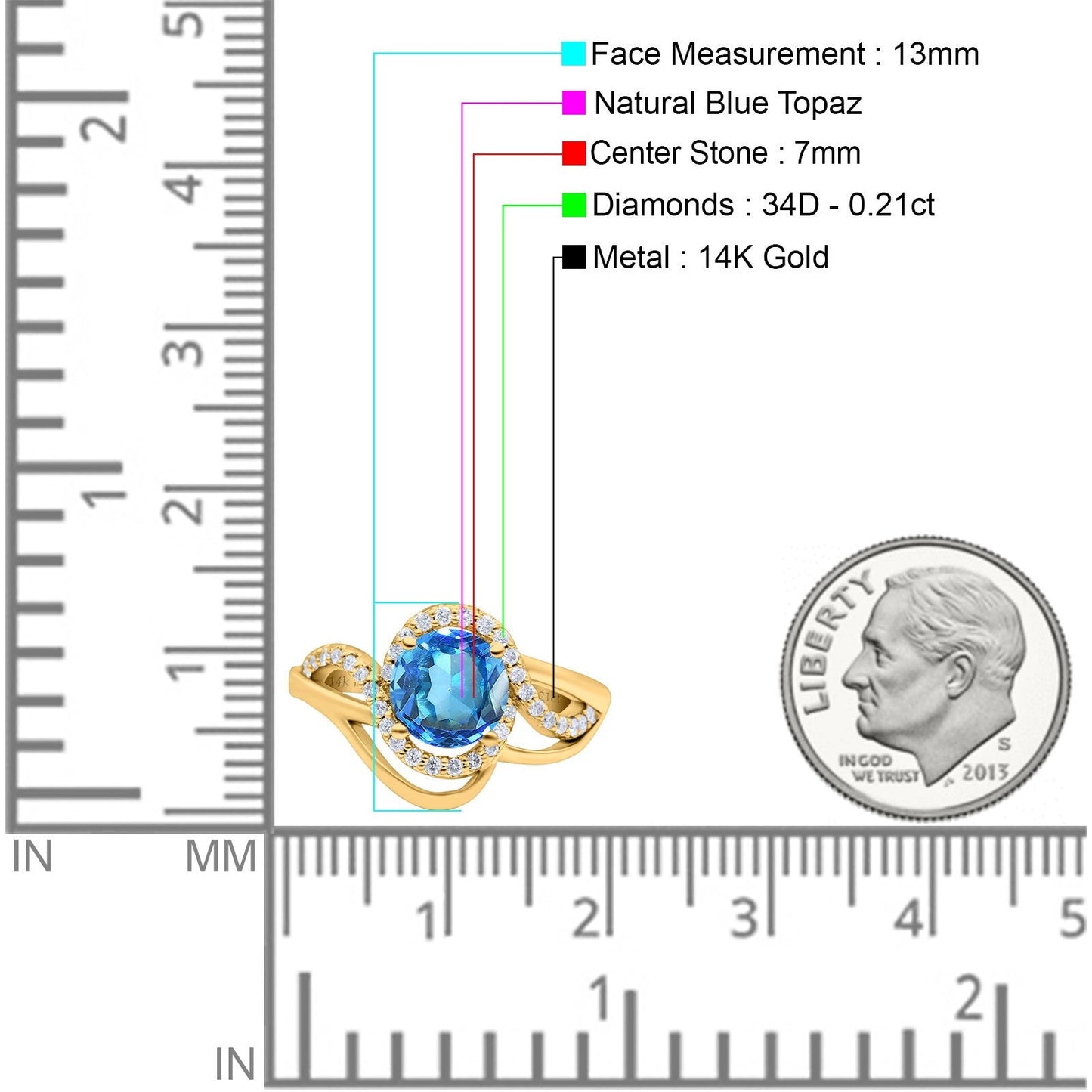 14K Yellow Gold 1.49ct Art Deco Round 7mm G SI Natural Blue Topaz Diamond Engagement Wedding Ring Size 6.5