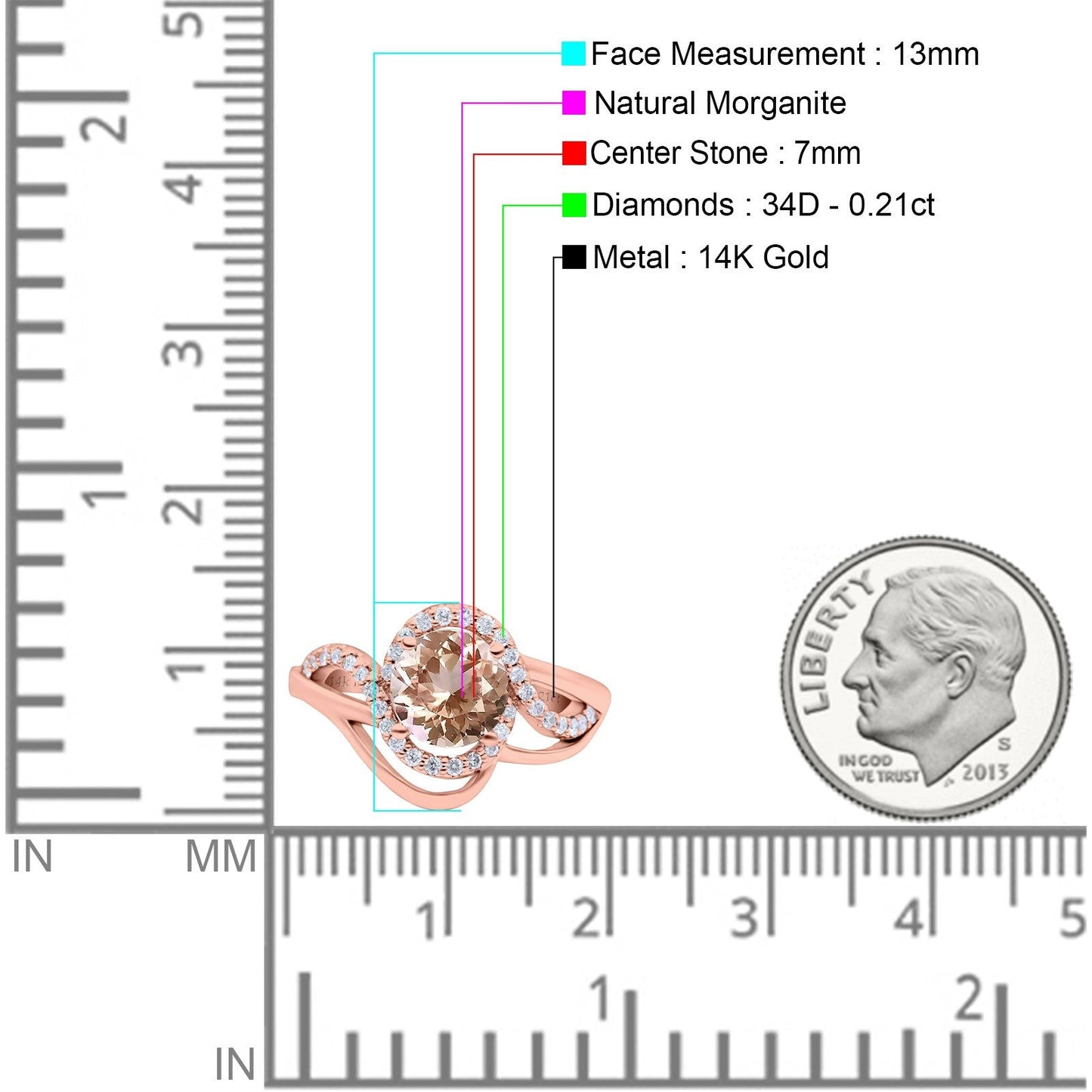 14K Rose Gold 1.49ct Art Deco Round 7mm G SI Natural Morganite Diamond Engagement Wedding Ring Size 6.5