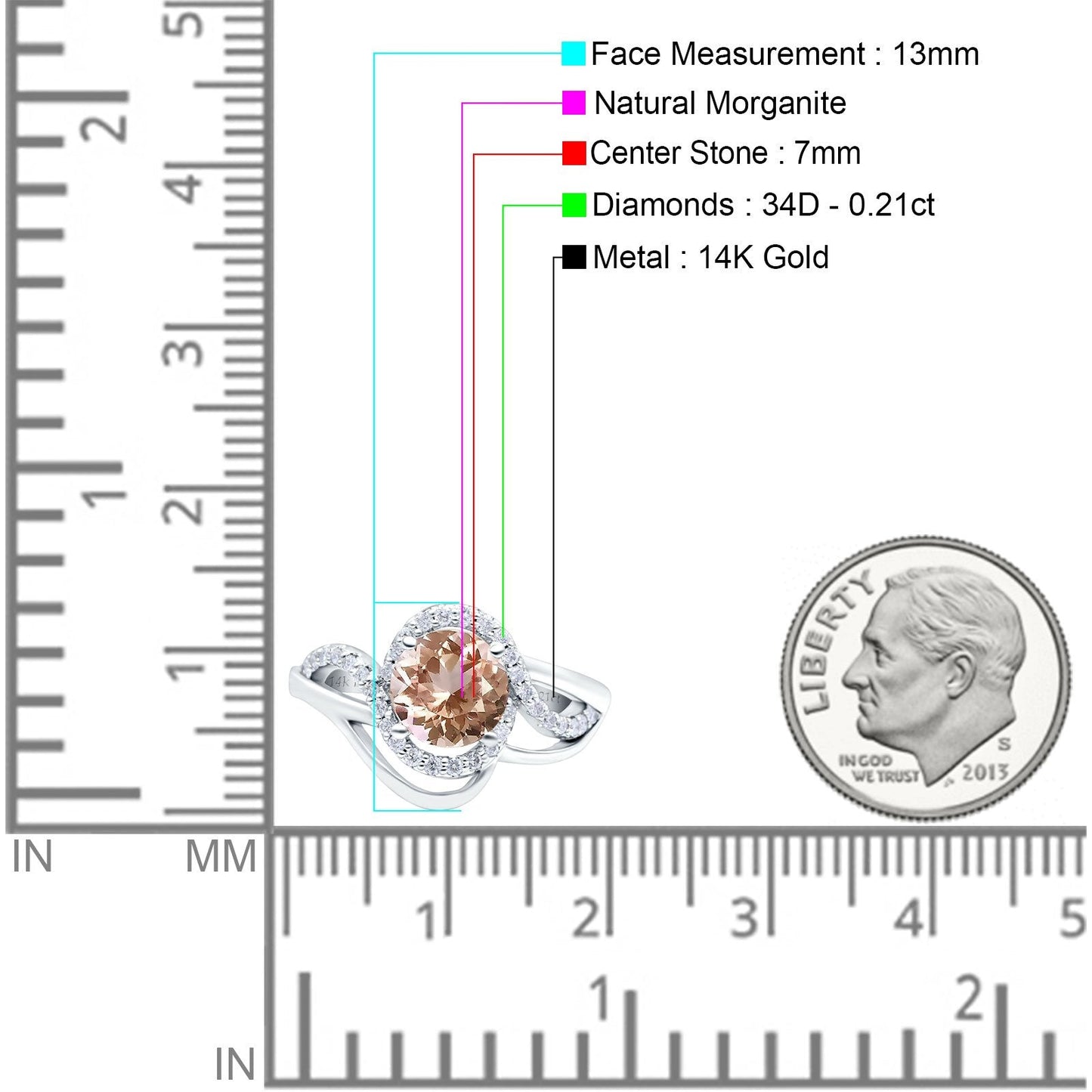 14K White Gold 1.49ct Art Deco Round 7mm G SI Natural Morganite Diamond Engagement Wedding Ring Size 6.5