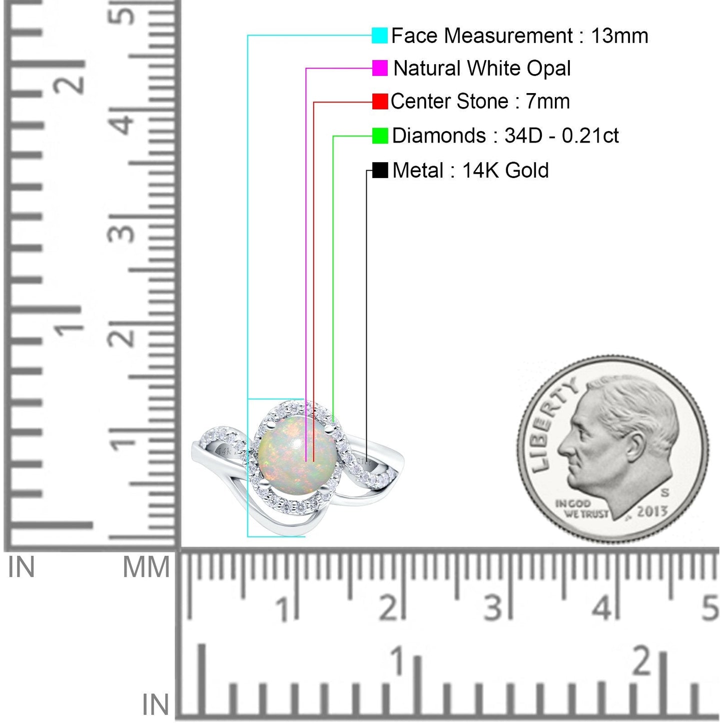 14K White Gold 0.21ct Art Deco Round 7mm G SI Natural White Opal Diamond Engagement Wedding Ring Size 6.5