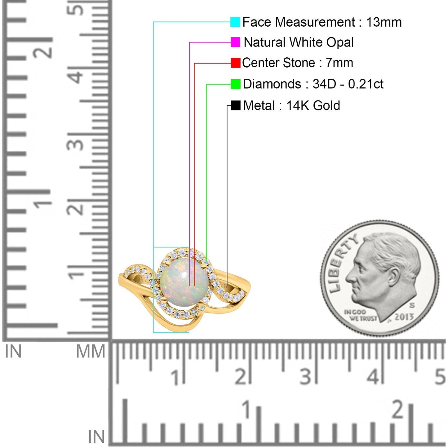 14K Yellow Gold 0.21ct Art Deco Round 7mm G SI Natural White Opal Diamond Engagement Wedding Ring Size 6.5