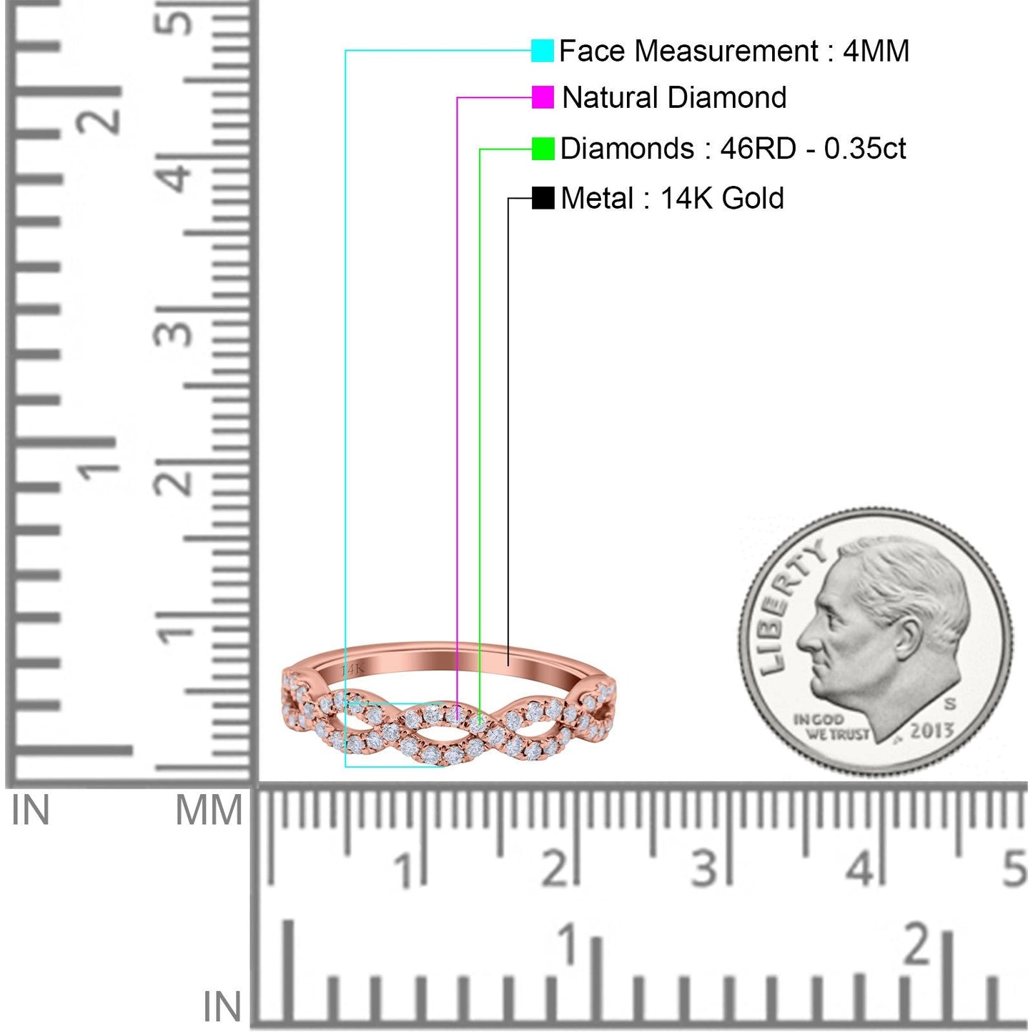 14K Rose Gold 0.35ct Round 4mm G SI Half Eternity Diamond Bands Engagement Wedding Ring Size 6.5