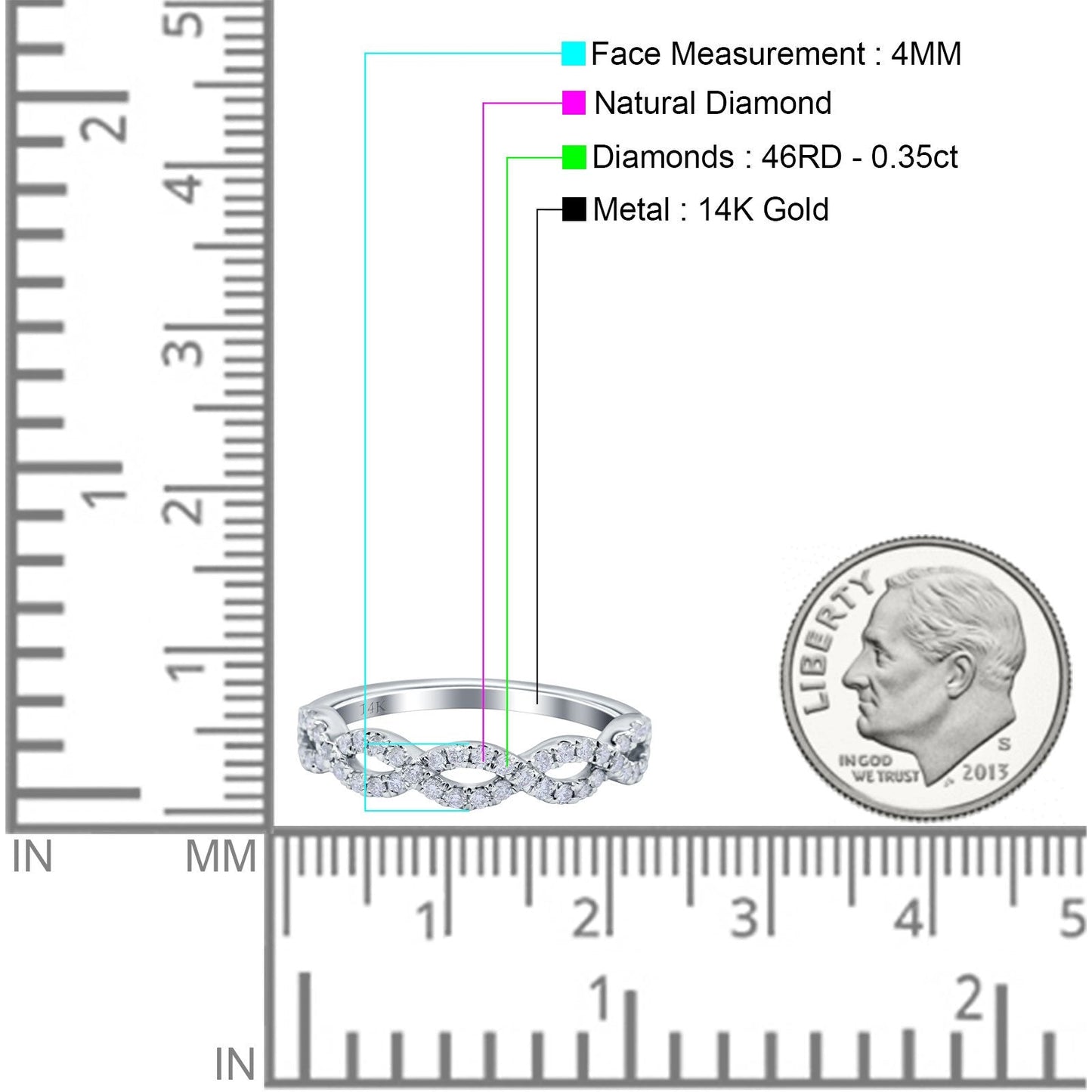 14K White Gold 0.35ct Round 4mm G SI Half Eternity Diamond Bands Engagement Wedding Ring Size 6.5