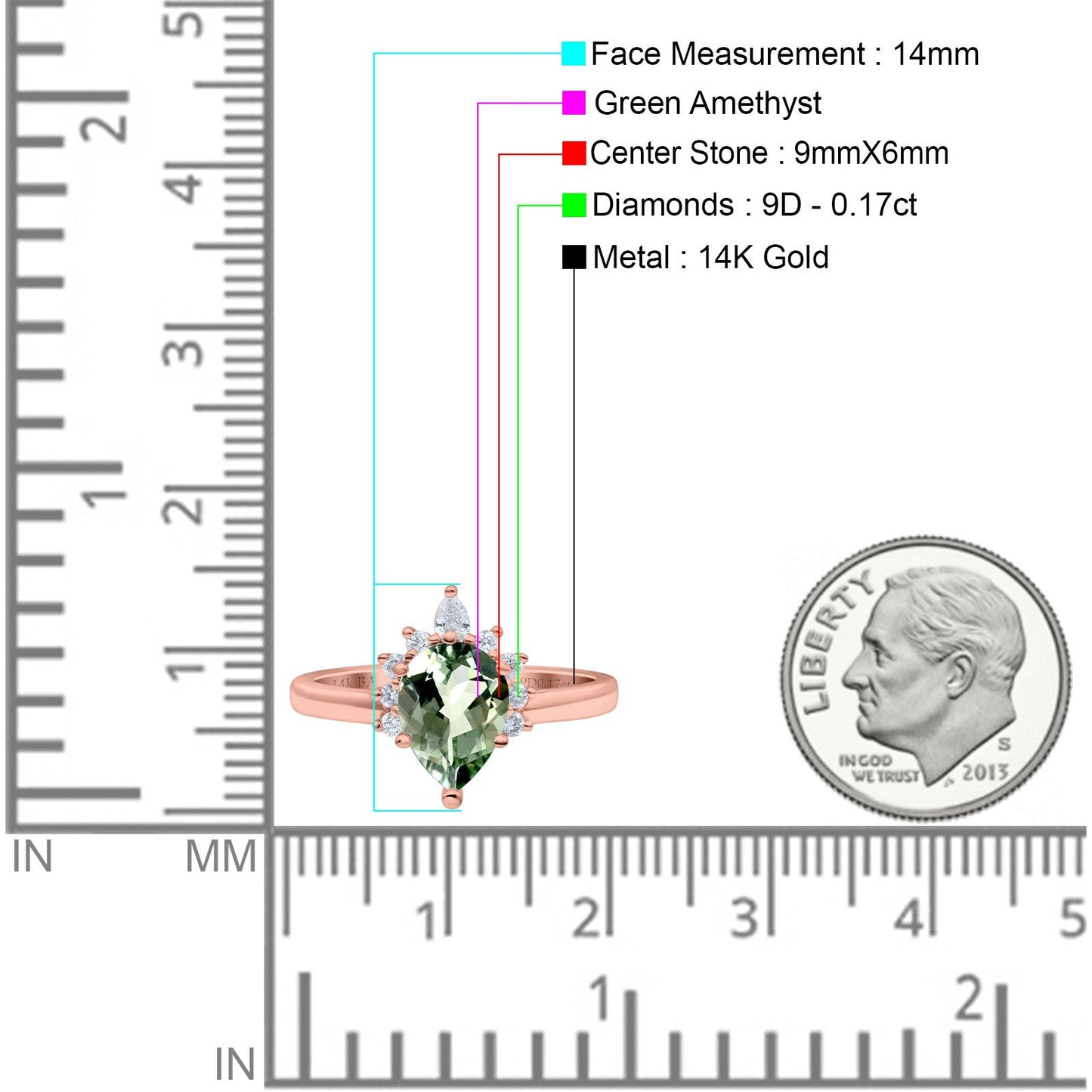 14K Rose Gold 1.5ct Teardrop Art Deco Pear 9mmx6mm G SI Natural Green Amethyst Diamond Engagement Wedding Ring Size 6.5