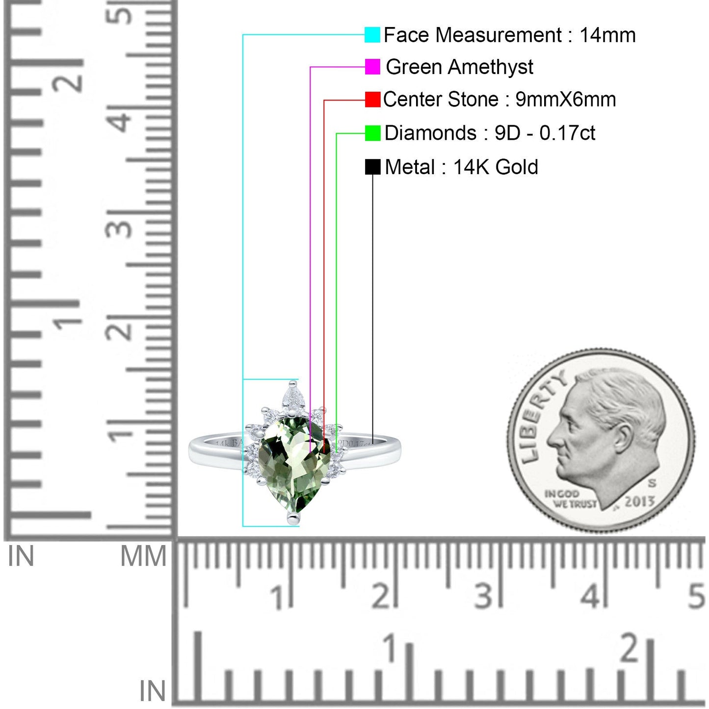 14K White Gold 1.5ct Teardrop Art Deco Pear 9mmx6mm G SI Natural Green Amethyst Diamond Engagement Wedding Ring Size 6.5