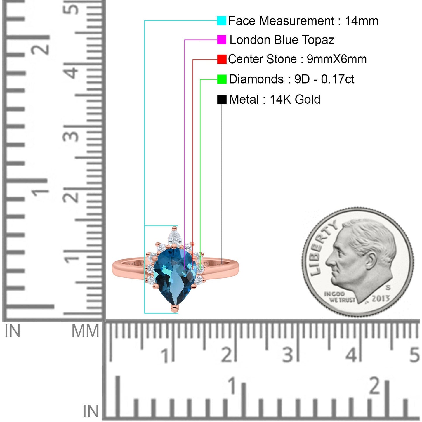 14K Rose Gold 1.5ct Teardrop Art Deco Pear 9mmx6mm G SI London Blue Topaz Diamond Engagement Wedding Ring Size 6.5