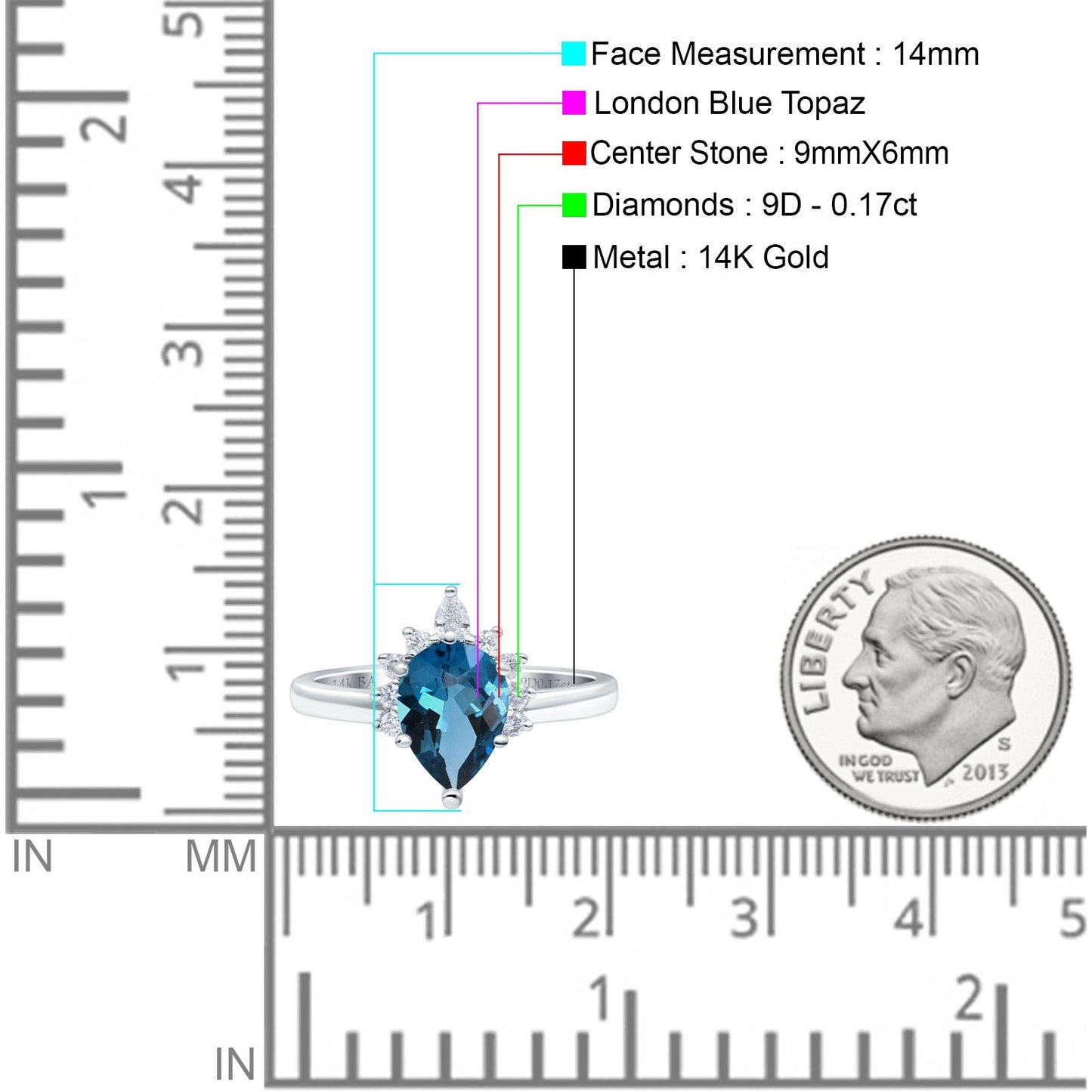 14K White Gold 1.5ct Teardrop Art Deco Pear 9mmx6mm G SI London Blue Topaz Diamond Engagement Wedding Ring Size 6.5