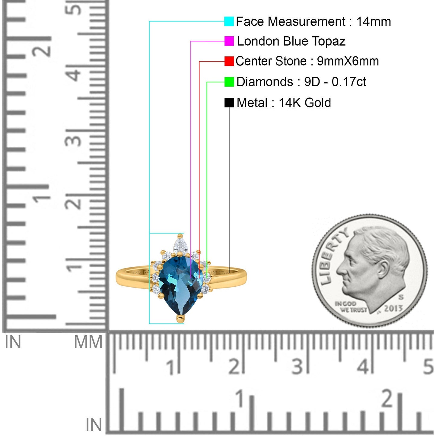 14K Yellow Gold 1.5ct Teardrop Art Deco Pear 9mmx6mm G SI London Blue Topaz Diamond Engagement Wedding Ring Size 6.5