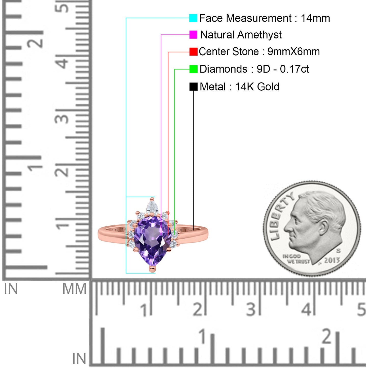 14K Rose Gold 1.5ct Teardrop Art Deco Pear 9mmx6mm G SI Natural Amethyst Diamond Engagement Wedding Ring Size 6.5