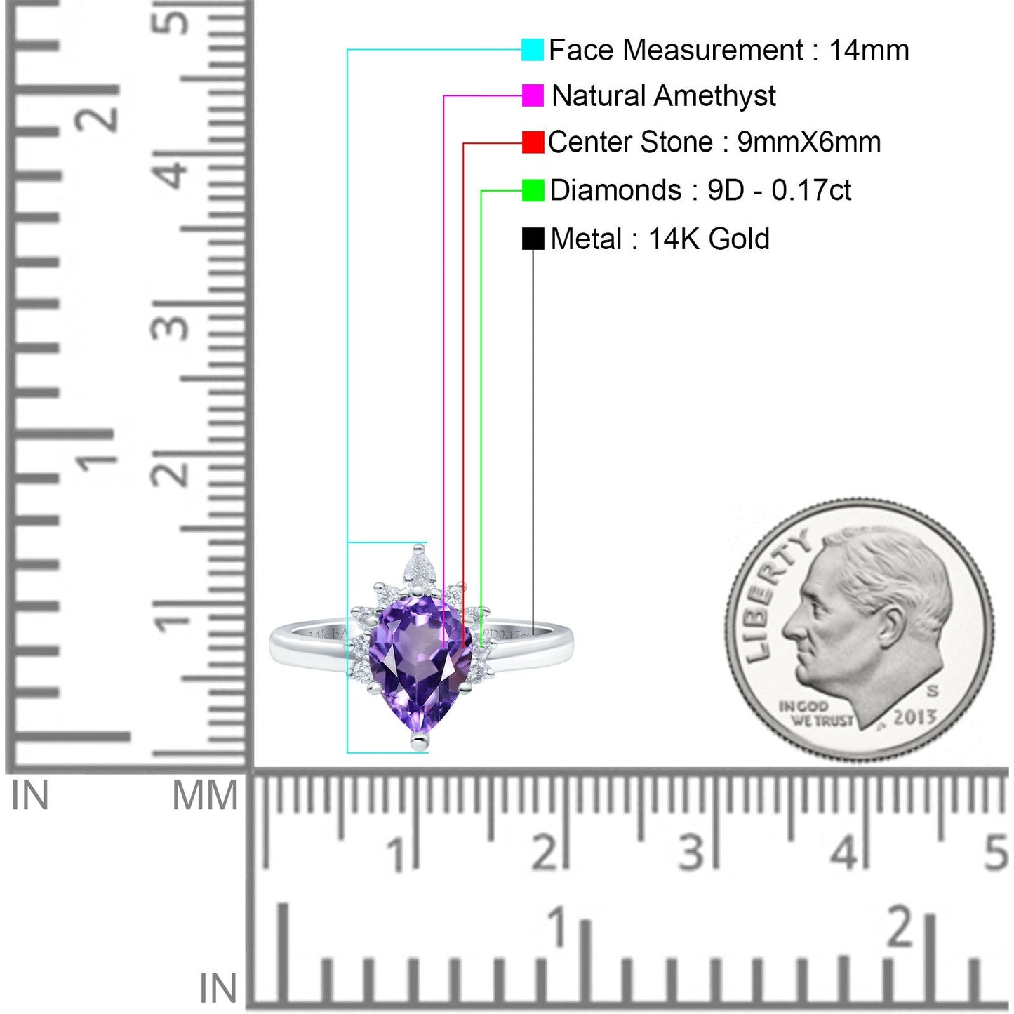 14K White Gold 1.5ct Teardrop Art Deco Pear 9mmx6mm G SI Natural Amethyst Diamond Engagement Wedding Ring Size 6.5