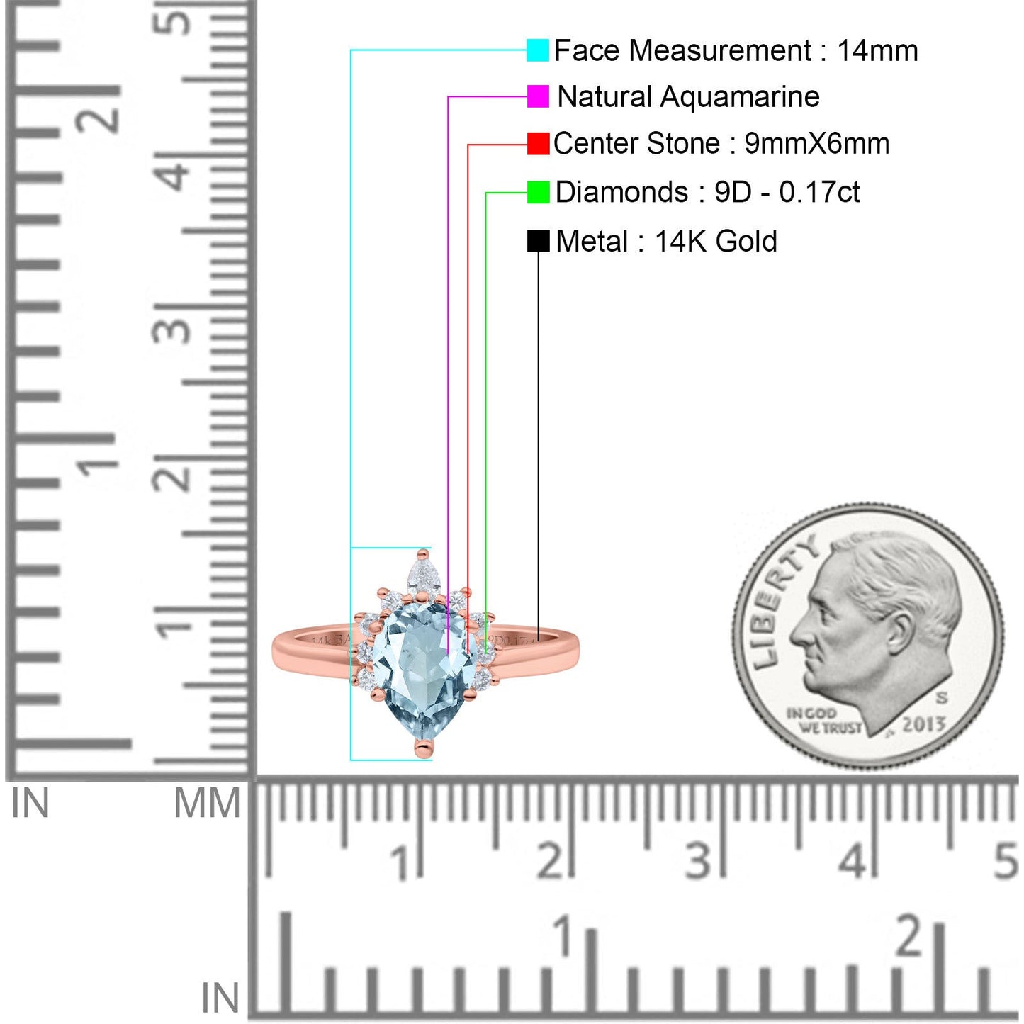 14K Rose Gold 1.5ct Teardrop Art Deco Pear 9mmx6mm G SI Natural Aquamarine Diamond Engagement Wedding Ring Size 6.5