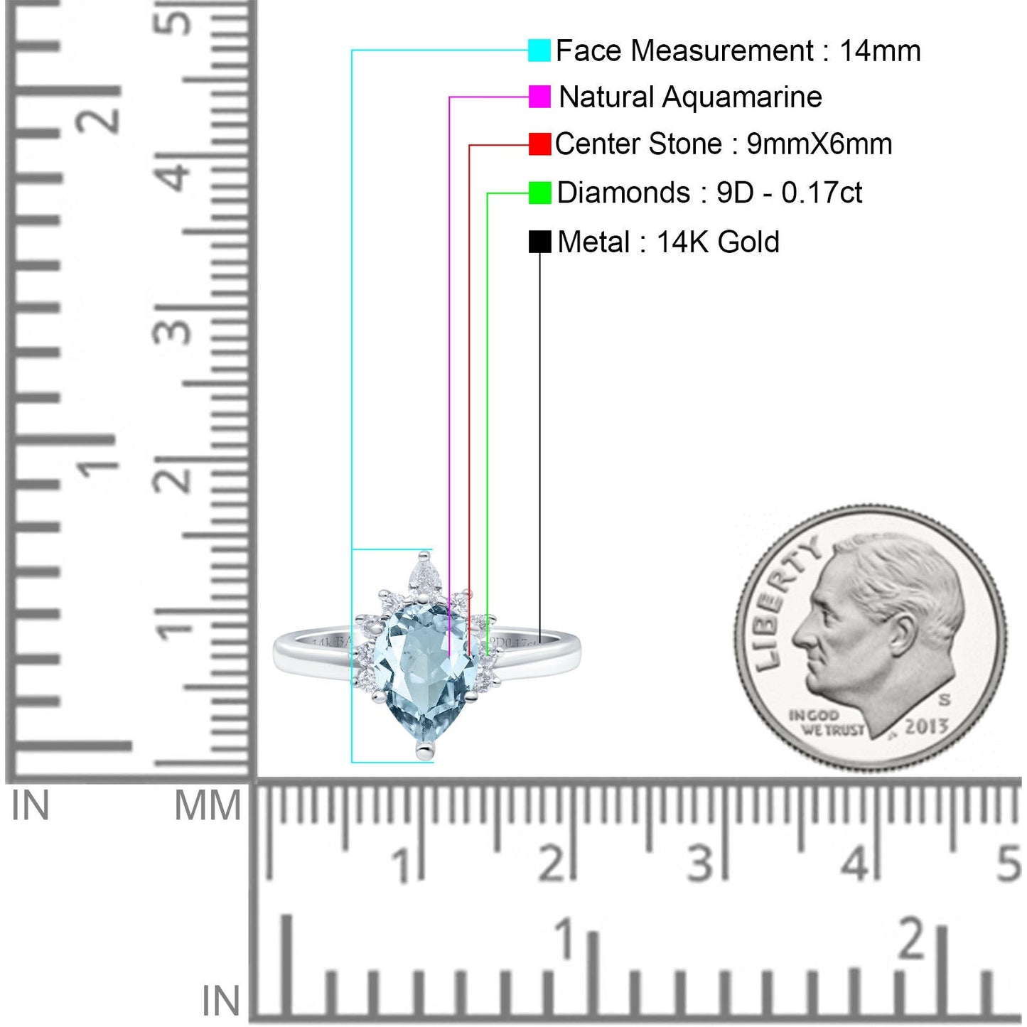 14K White Gold 1.5ct Teardrop Art Deco Pear 9mmx6mm G SI Natural Aquamarine Diamond Engagement Wedding Ring Size 6.5