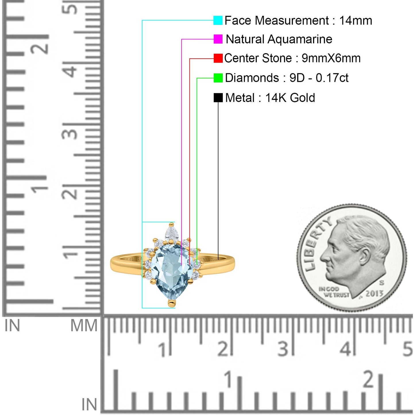 14K Yellow Gold 1.5ct Teardrop Art Deco Pear 9mmx6mm G SI Natural Aquamarine Diamond Engagement Wedding Ring Size 6.5