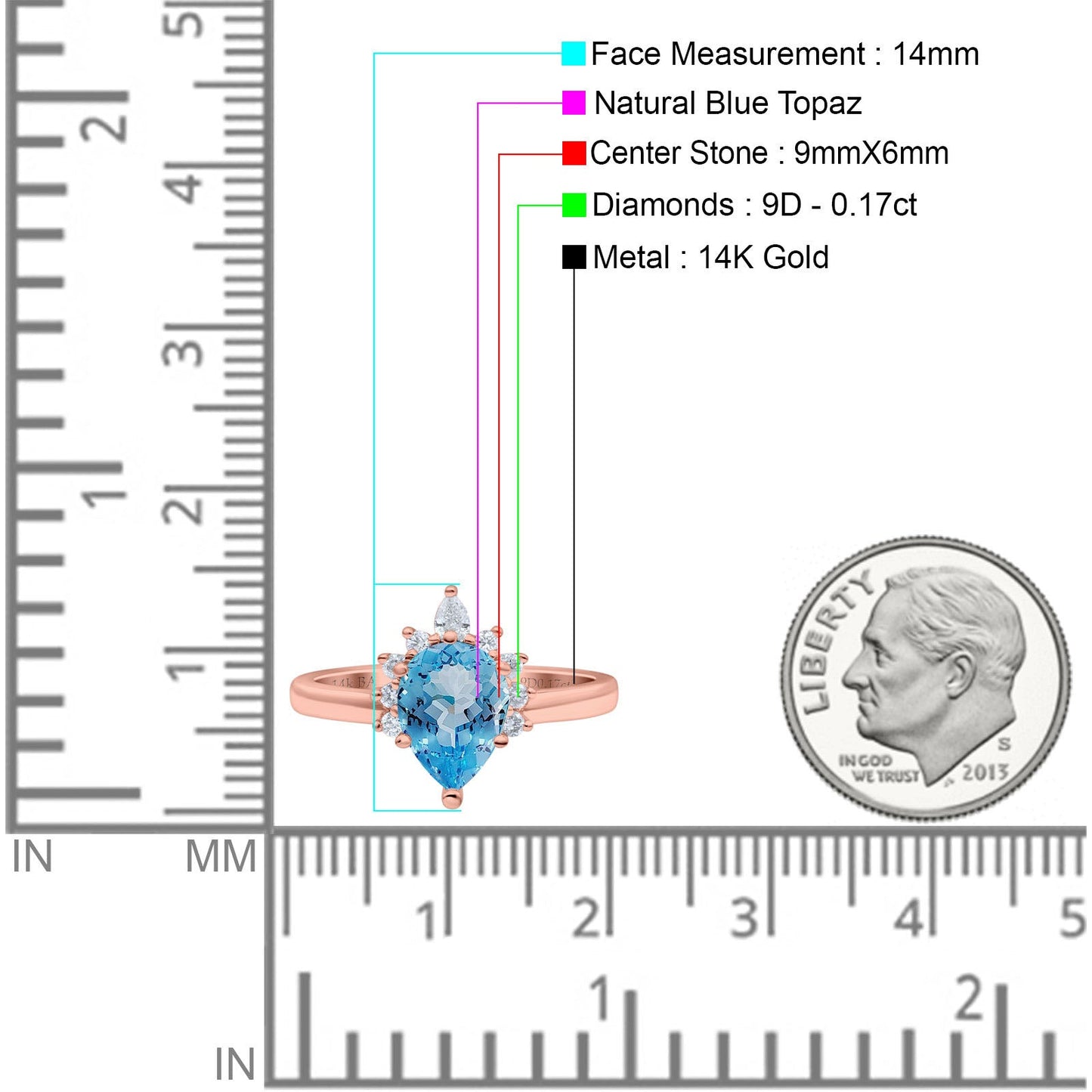 14K Rose Gold 1.5ct Teardrop Art Deco Pear 9mmx6mm G SI Natural Blue Topaz Diamond Engagement Wedding Ring Size 6.5