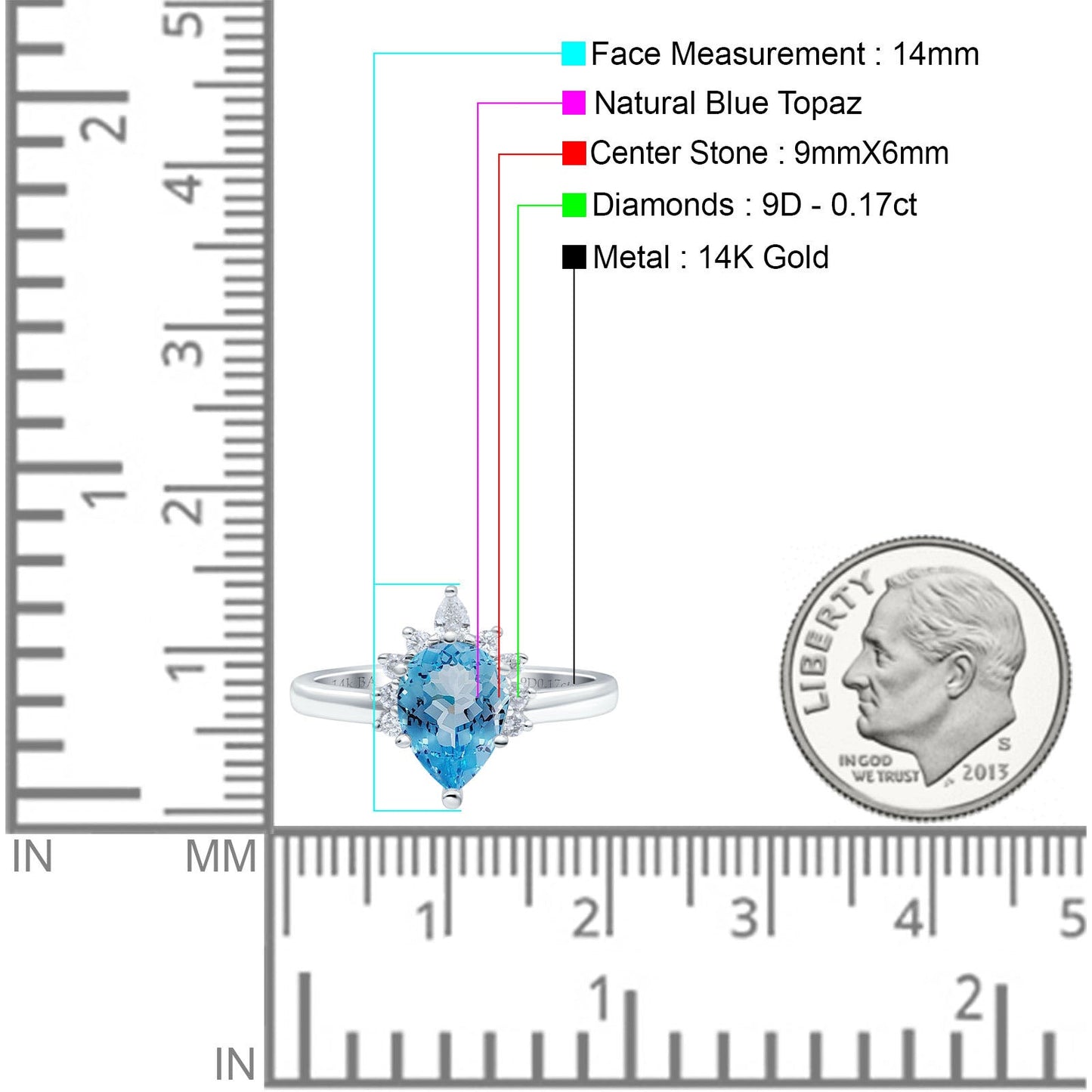 14K White Gold 1.5ct Teardrop Art Deco Pear 9mmx6mm G SI Natural Blue Topaz Diamond Engagement Wedding Ring Size 6.5