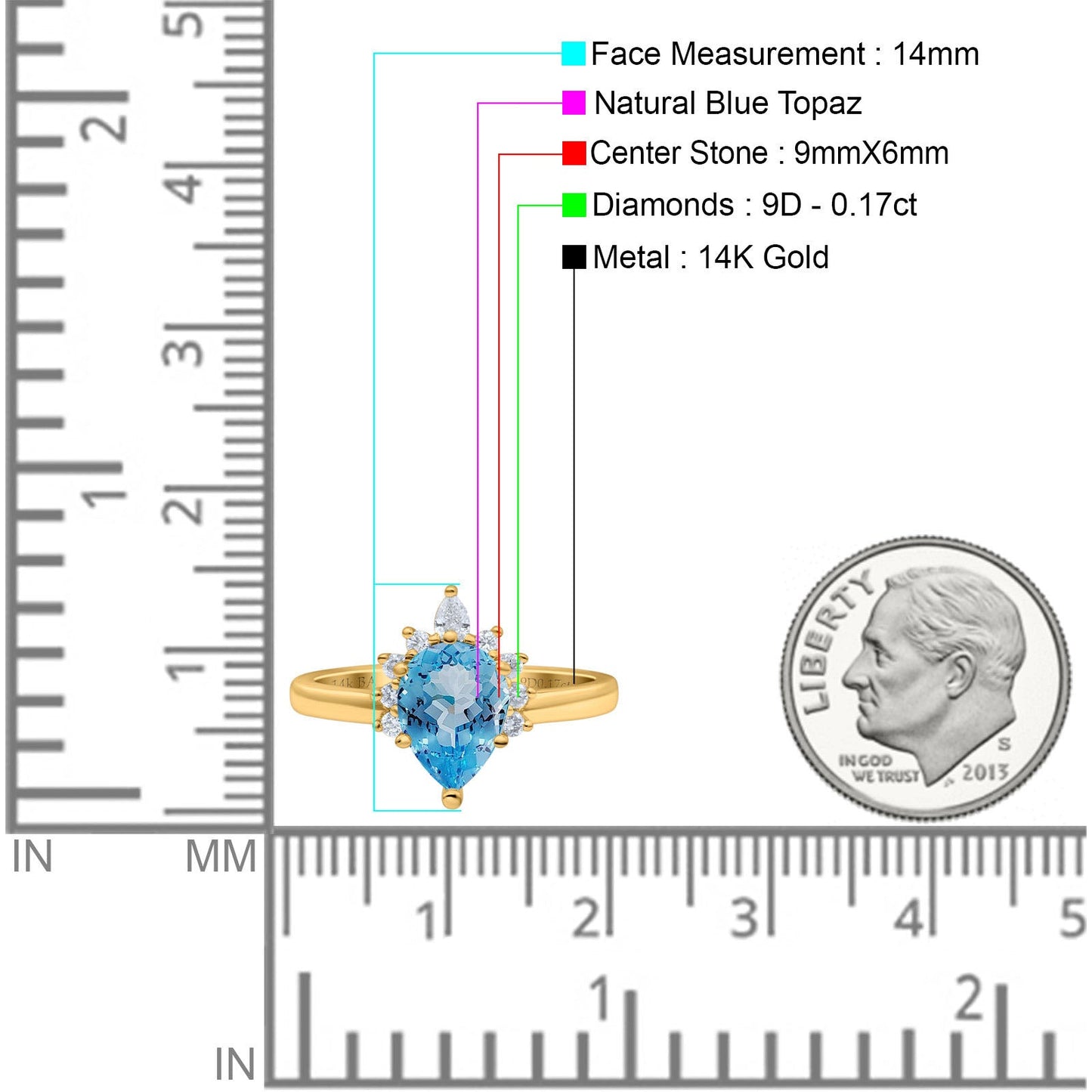 14K Yellow Gold 1.5ct Teardrop Art Deco Pear 9mmx6mm G SI Natural Blue Topaz Diamond Engagement Wedding Ring Size 6.5