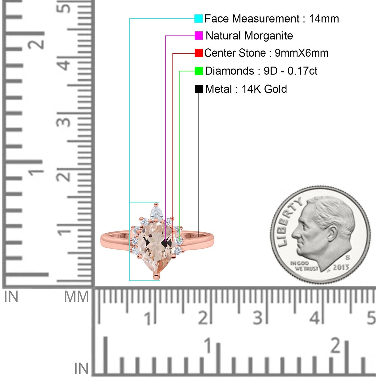 14K Rose Gold 1.5ct Teardrop Art Deco Pear 9mmx6mm G SI Natural Morganite Diamond Engagement Wedding Ring Size 6.5