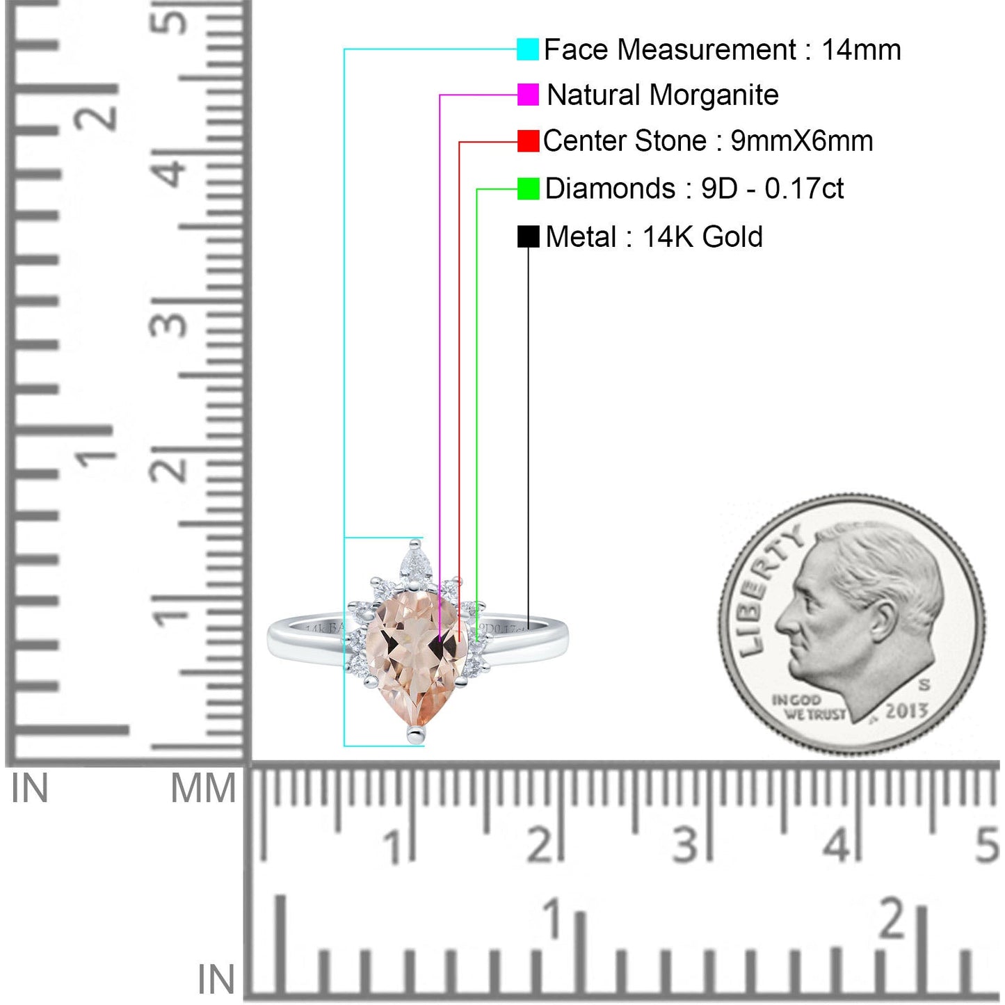 14K White Gold 1.5ct Teardrop Art Deco Pear 9mmx6mm G SI Natural Morganite Diamond Engagement Wedding Ring Size 6.5