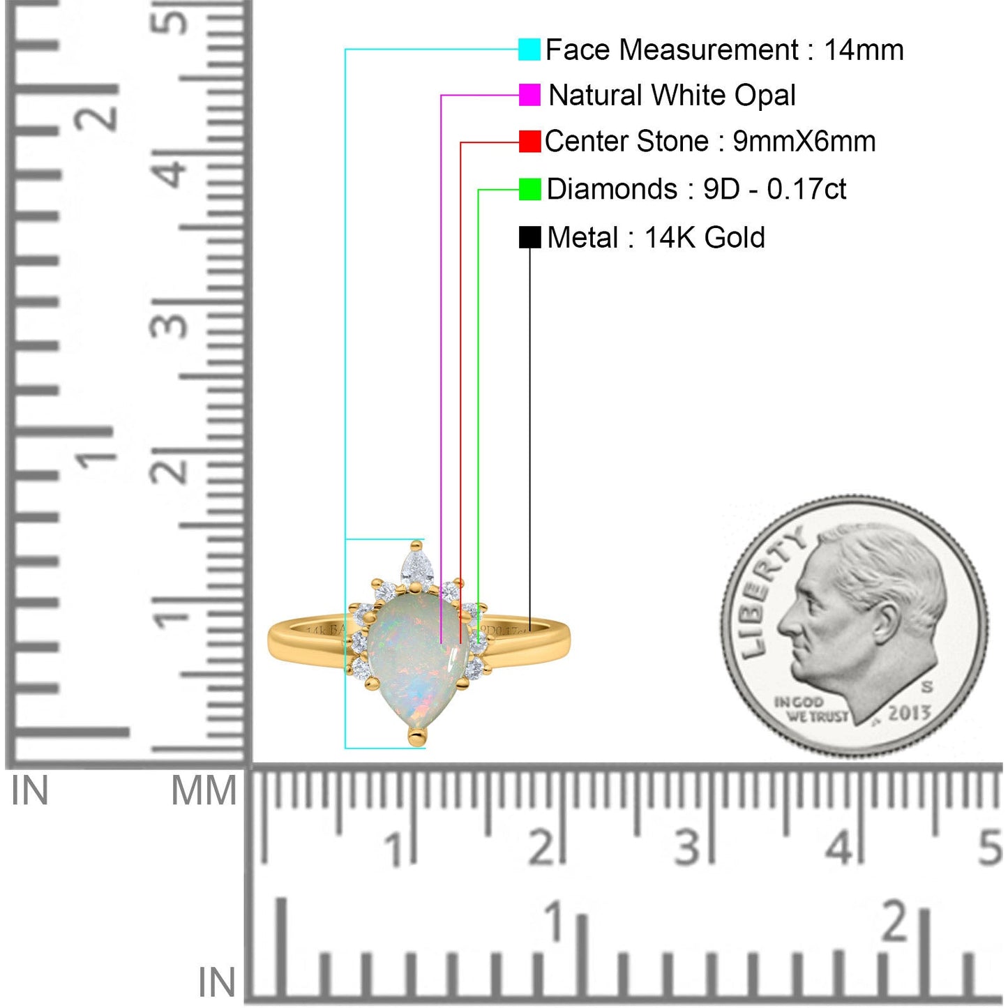 14K Yellow Gold 0.17ct Teardrop Art Deco Pear 9mmx6mm G SI Natural White Opal Diamond Engagement Wedding Ring Size 6.5