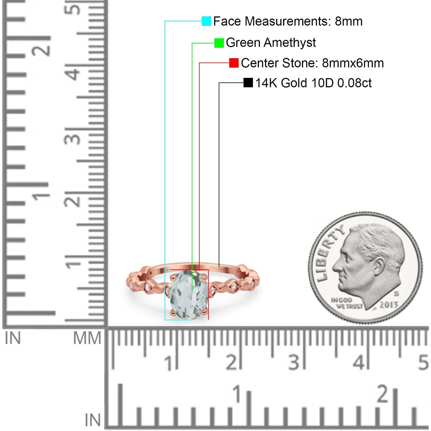 14K Rose Gold 1.29ct Oval Natural Green Amethyst G SI Diamond Engagement Ring Size 6.5