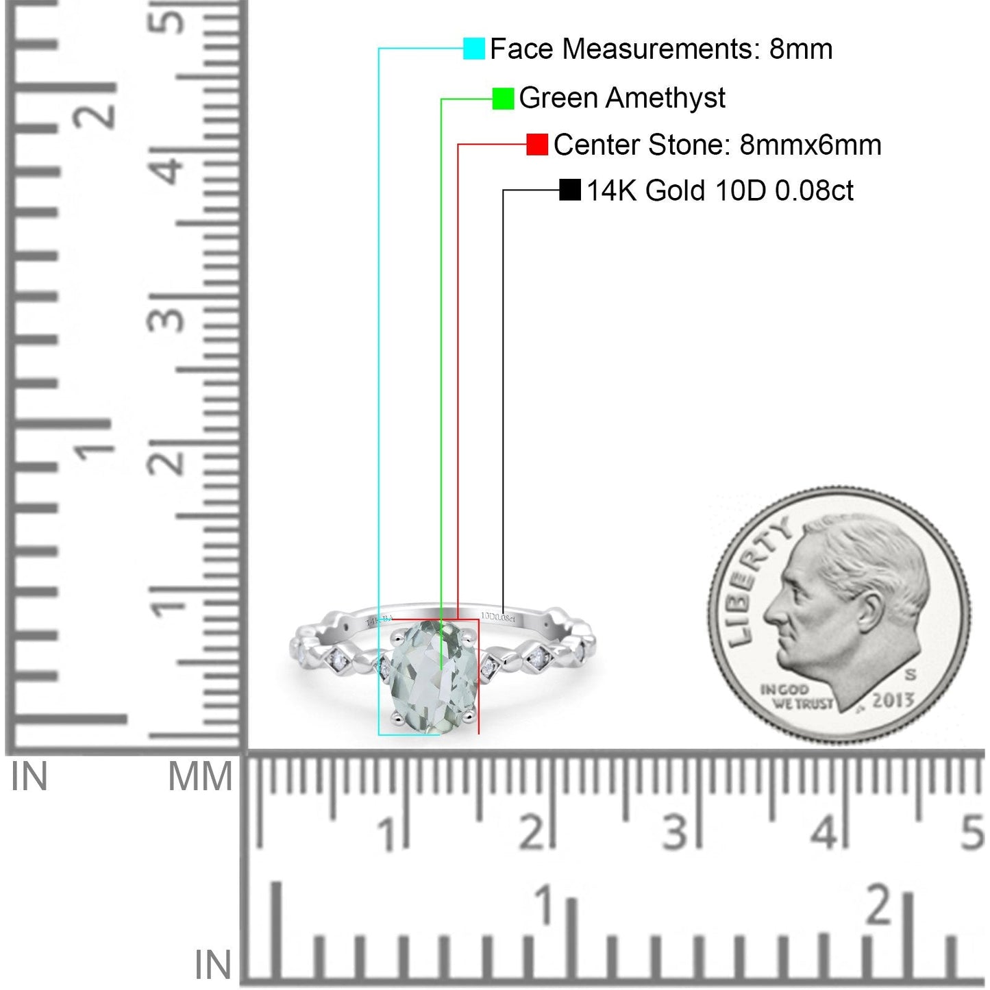 14K White Gold 1.29ct Oval Natural Green Amethyst G SI Diamond Engagement Ring Size 6.5