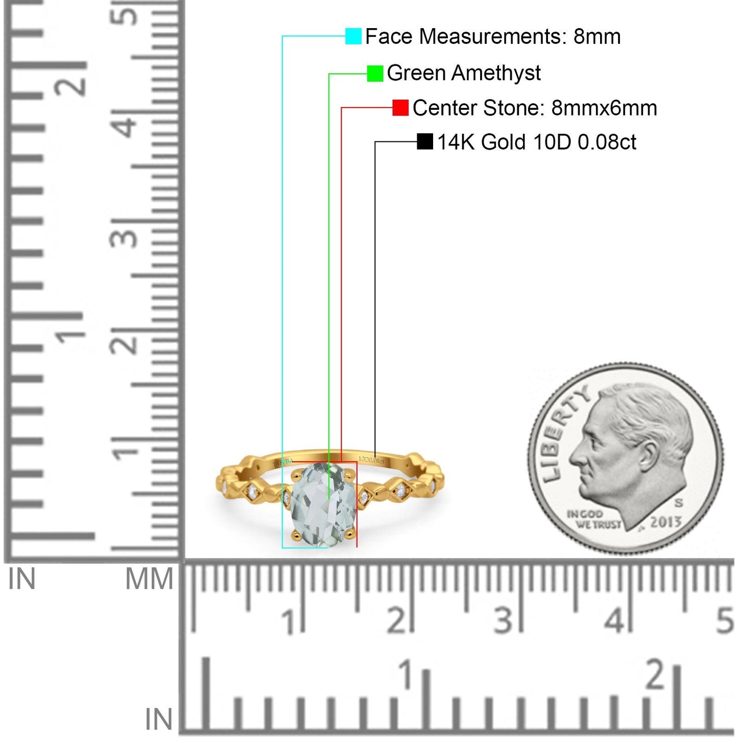 14K Yellow Gold 1.29ct Oval Natural Green Amethyst G SI Diamond Engagement Ring Size 6.5