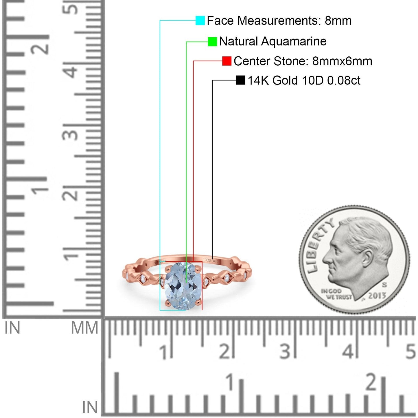 Bague de fiançailles en or rose 14 carats avec aigue-marine naturelle ovale de 1,29 ct et diamant G SI, taille 6,5