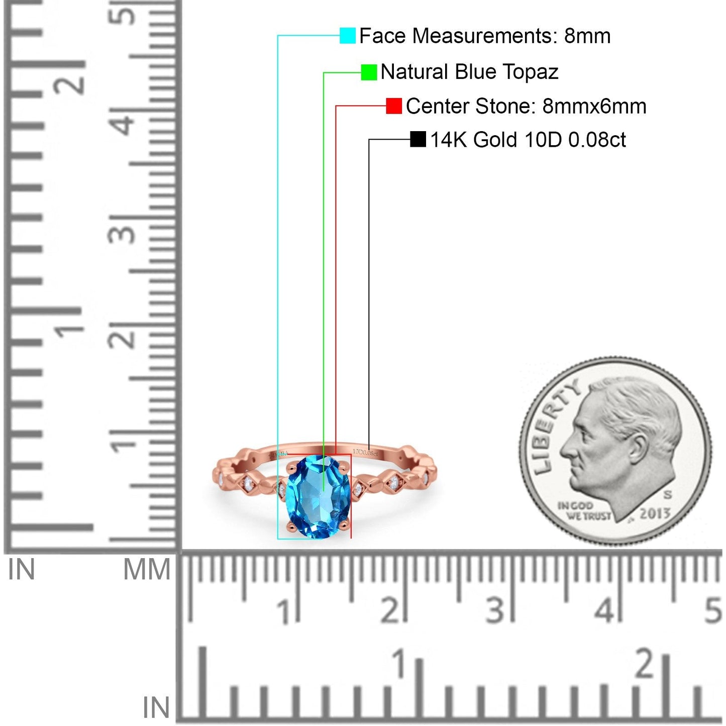 Bague de fiançailles en or rose 14 carats avec topaze bleue suisse naturelle ovale de 1,29 ct et diamant G SI, taille 6,5