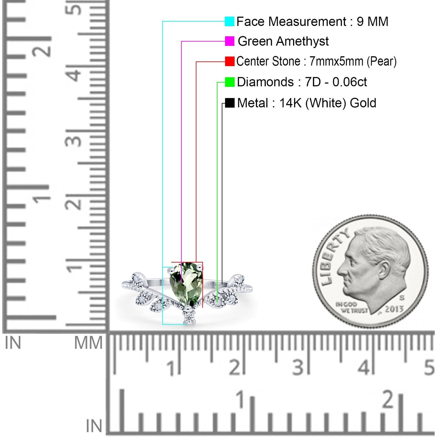 14K White Gold Pear Natural Green Amethyst 0.77ct G SI Diamond Engagement Ring Size 6.5